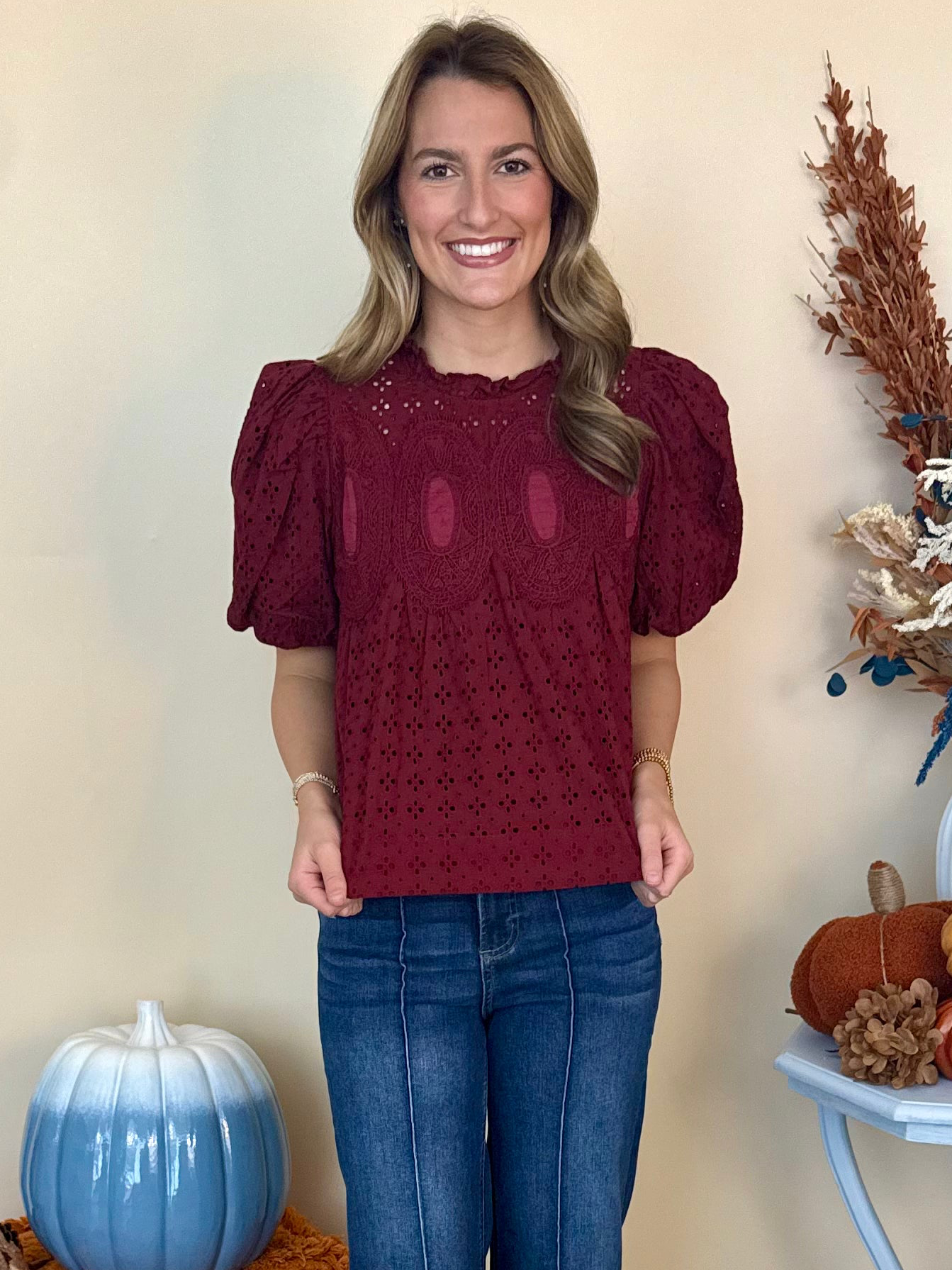 Wildly Yours Burgundy Eyelet Crochet Trim Top-Shop-Womens-Boutique-Clothing
