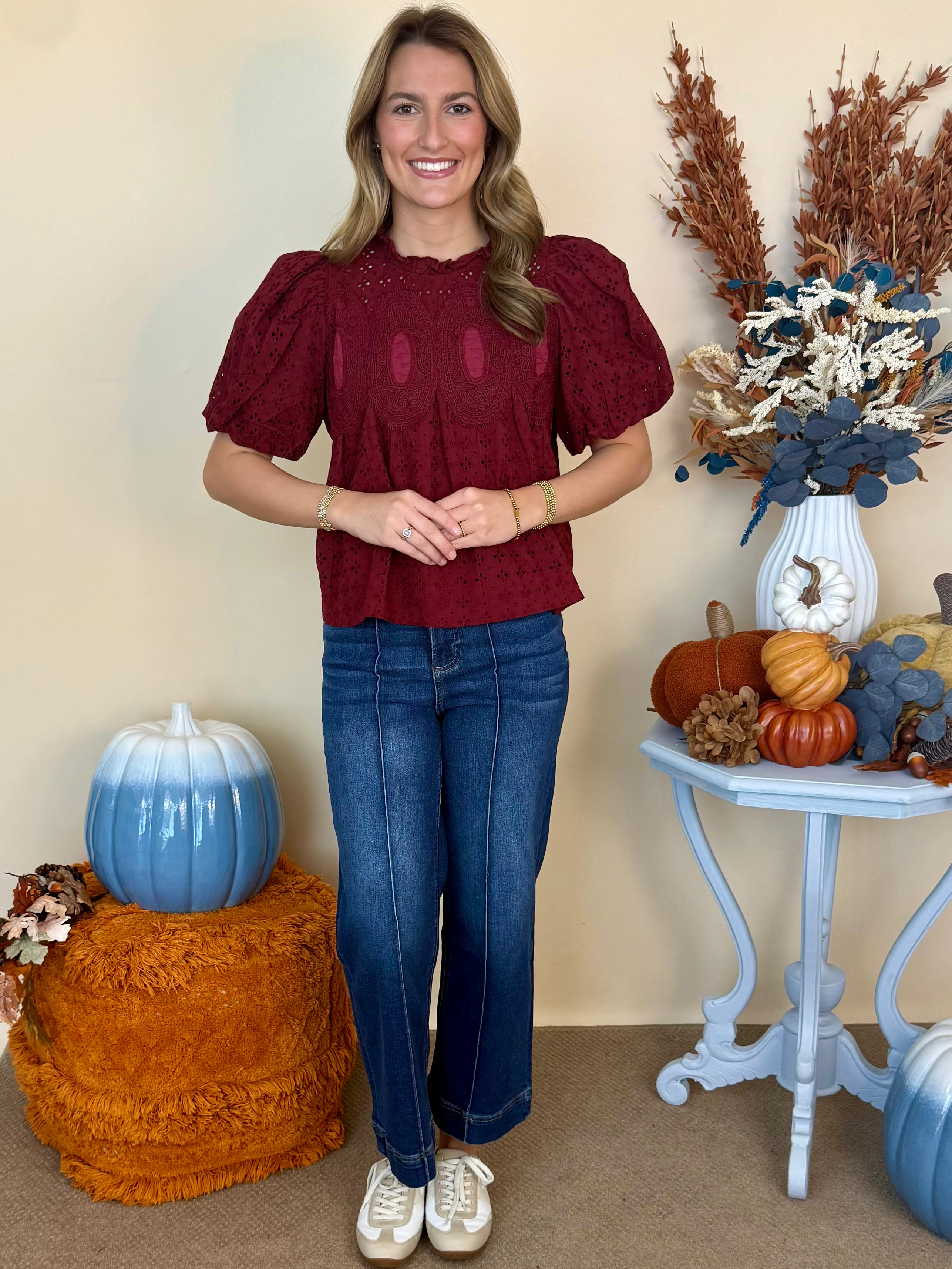 Wildly Yours Burgundy Eyelet Crochet Trim Top-Shop-Womens-Boutique-Clothing