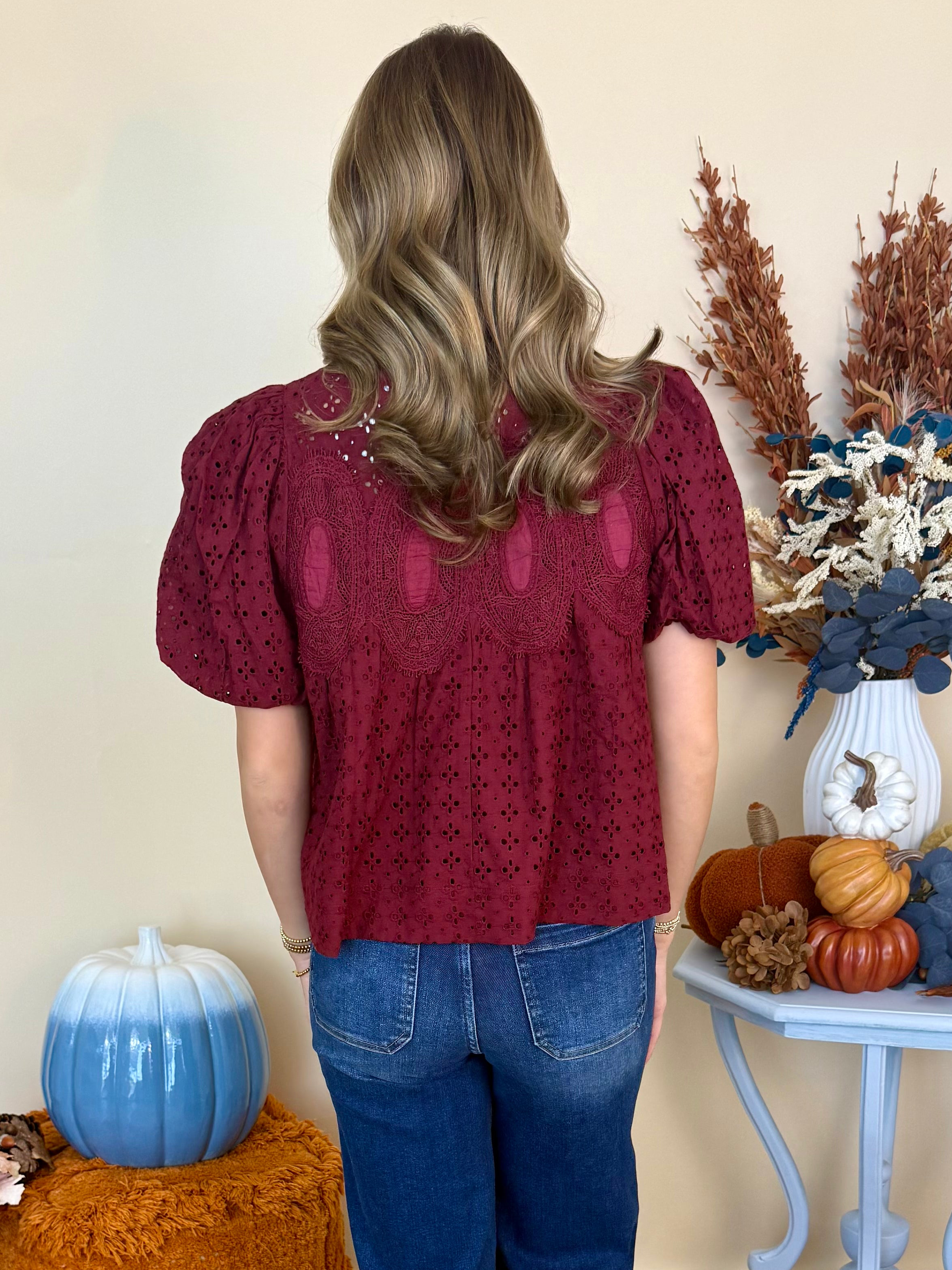 Wildly Yours Burgundy Eyelet Crochet Trim Top-Shop-Womens-Boutique-Clothing
