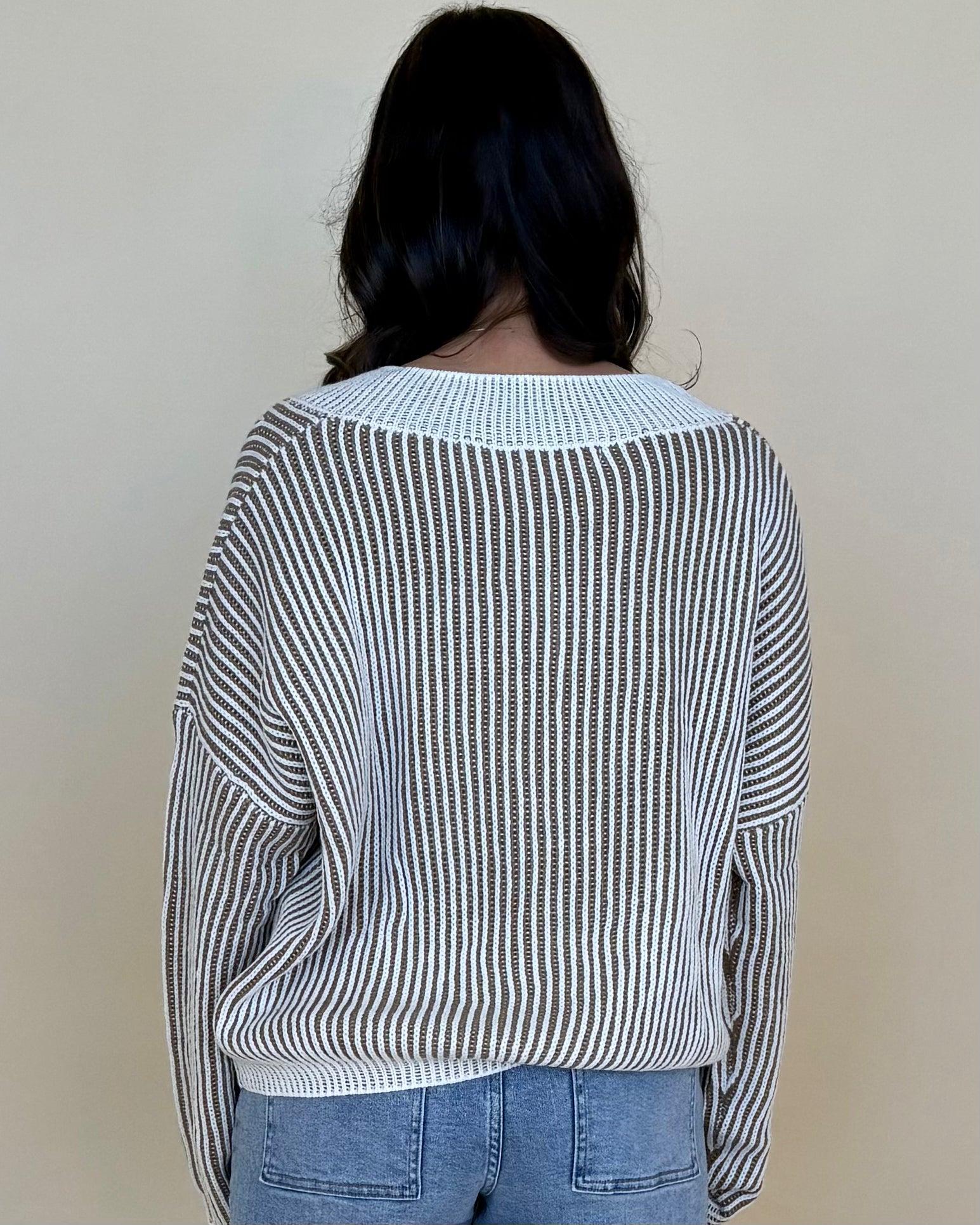 Own Moments Taupe Striped V-Neck Sweater-Shop-Womens-Boutique-Clothing