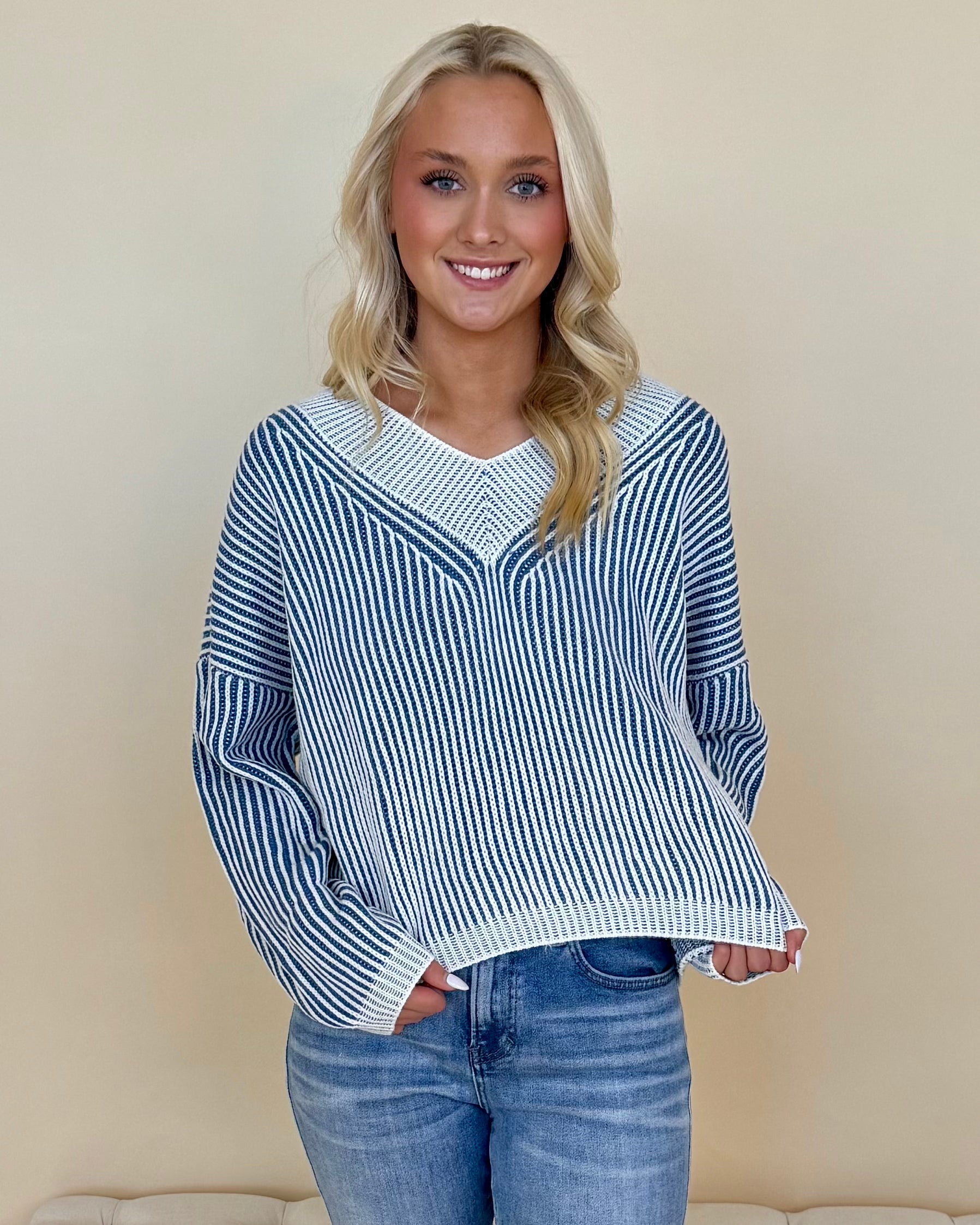 Own Moments Blue Striped V-Neck Sweater-Shop-Womens-Boutique-Clothing