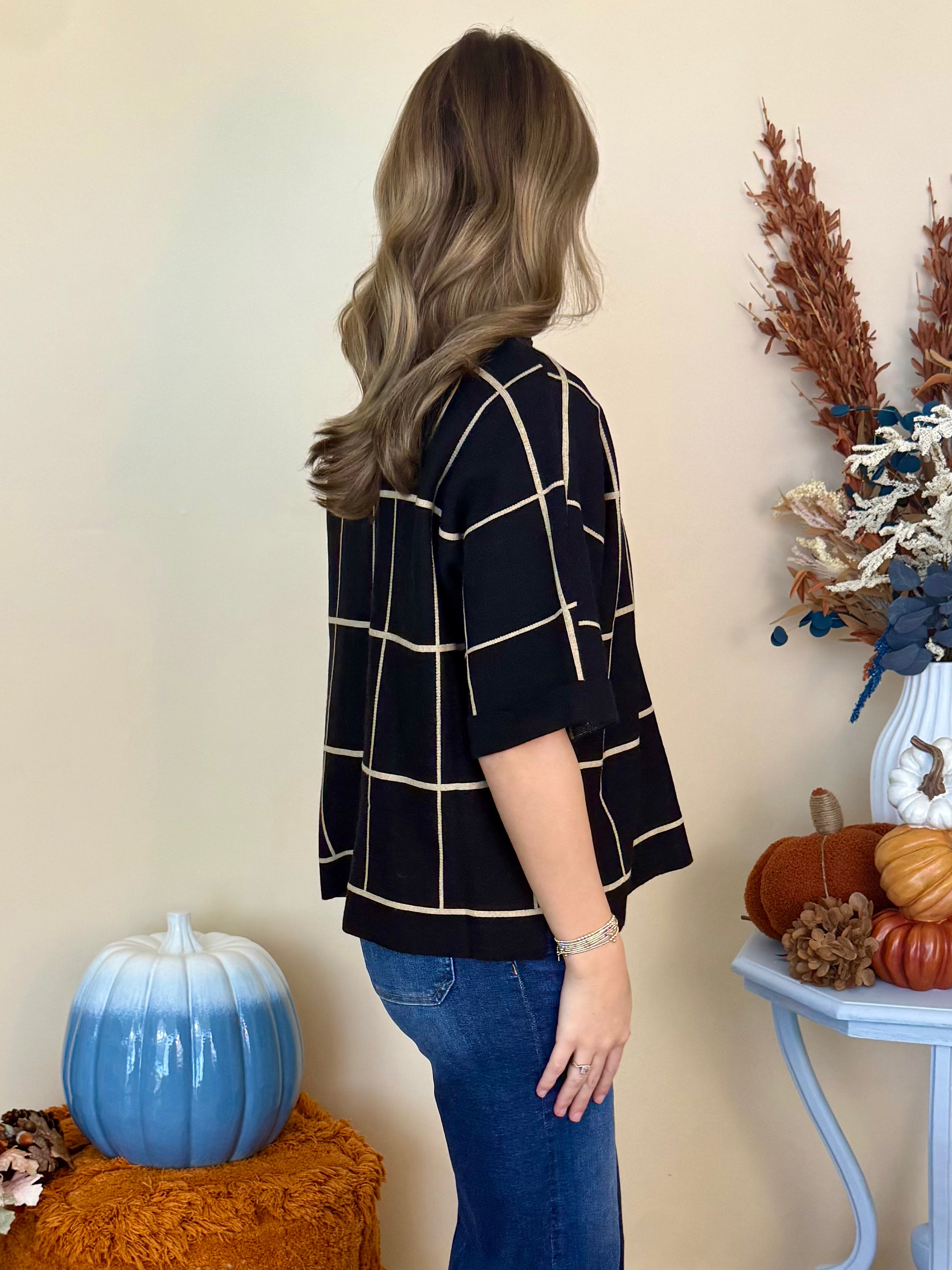 Modern Avenue Black Drop Shoulder Grid Pattern Sweater-Shop-Womens-Boutique-Clothing