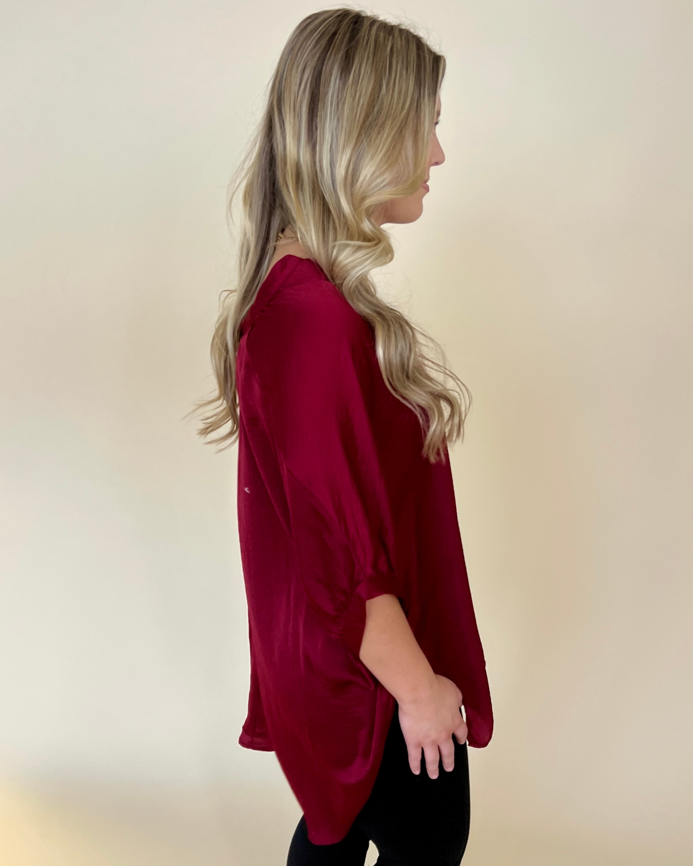 Find Me There Burgundy Split Neck Top-Shop-Womens-Boutique-Clothing