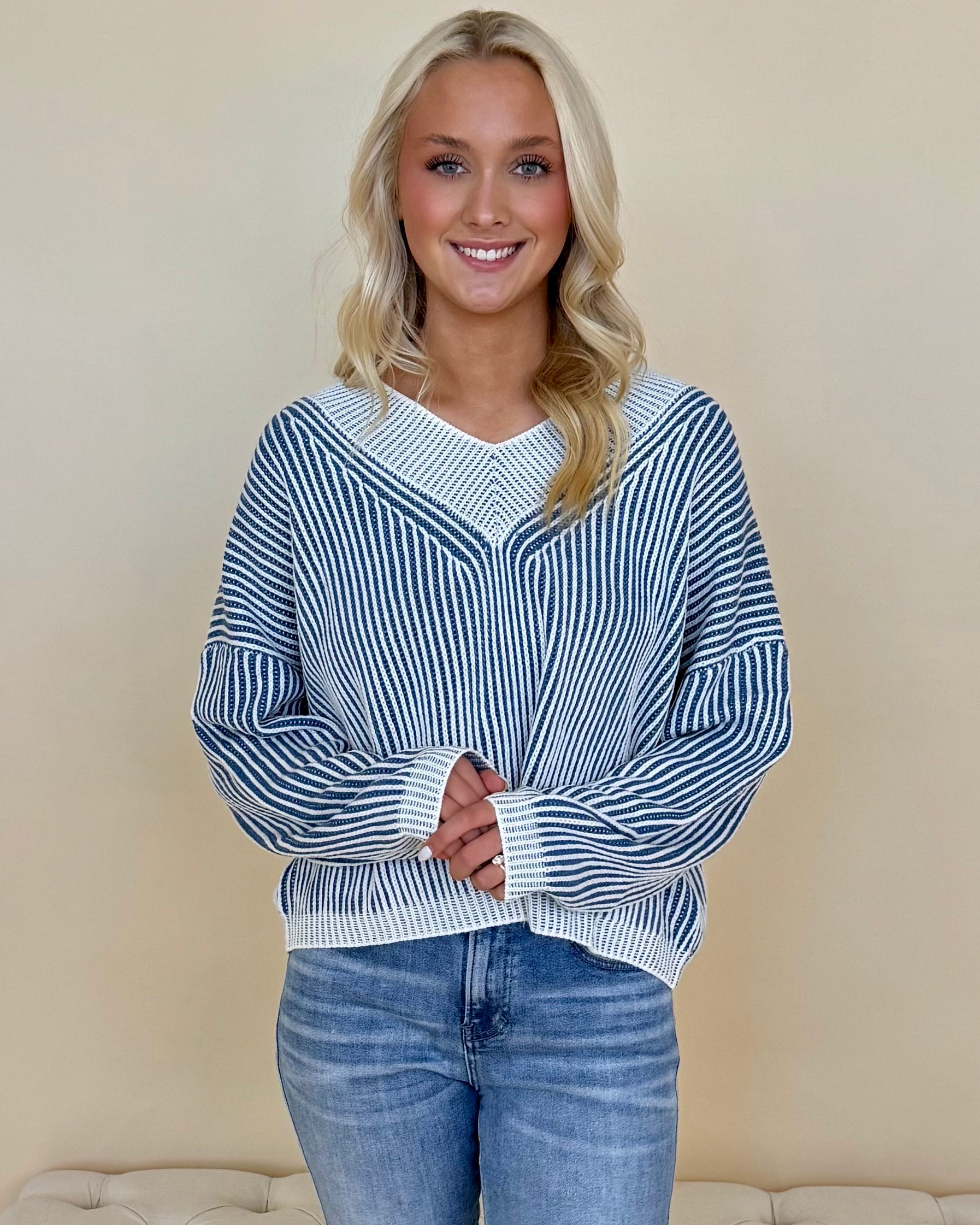 Own Moments Blue Striped V-Neck Sweater-Shop-Womens-Boutique-Clothing