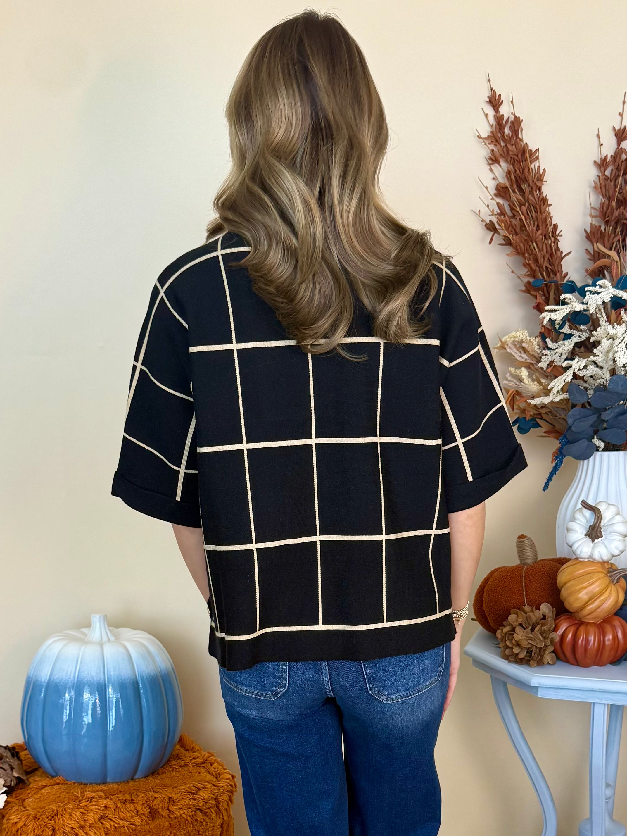 Modern Avenue Black Drop Shoulder Grid Pattern Sweater-Shop-Womens-Boutique-Clothing