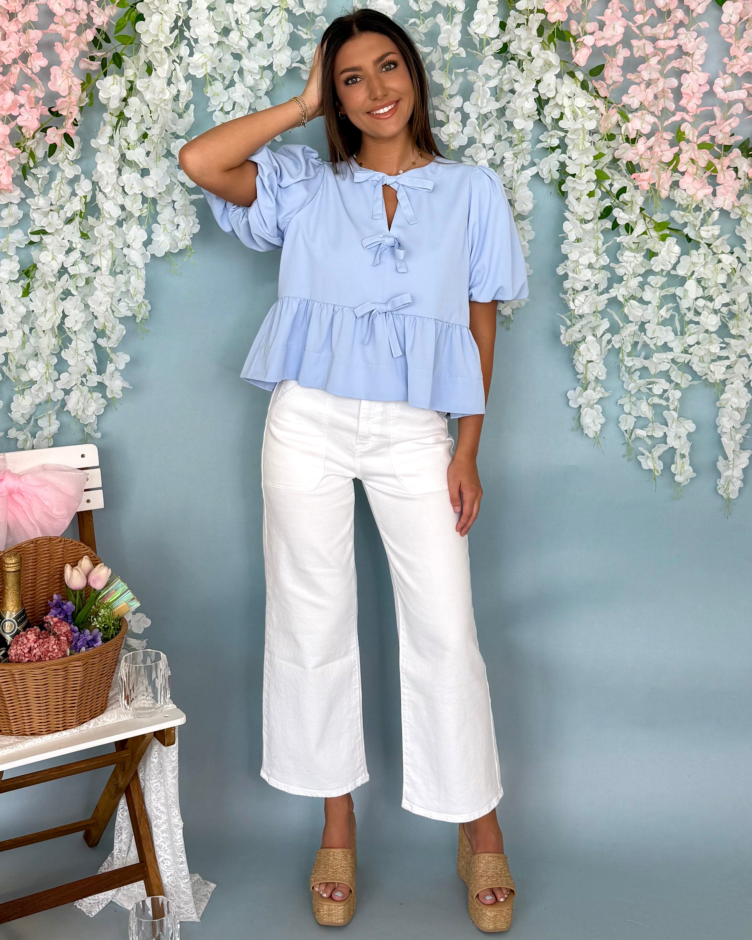 Great Escape Baby Blue Peplum Bow Top-Shop-Womens-Boutique-Clothing