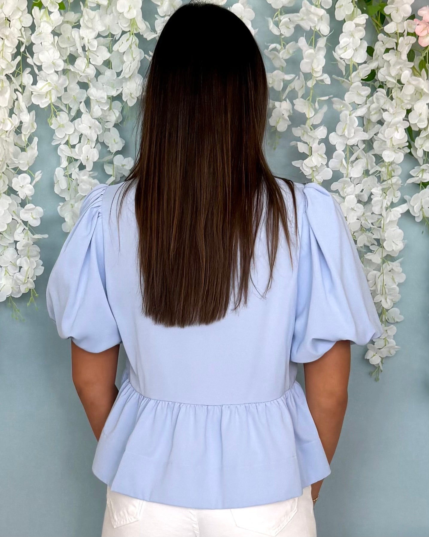 Great Escape Baby Blue Peplum Bow Top-Shop-Womens-Boutique-Clothing