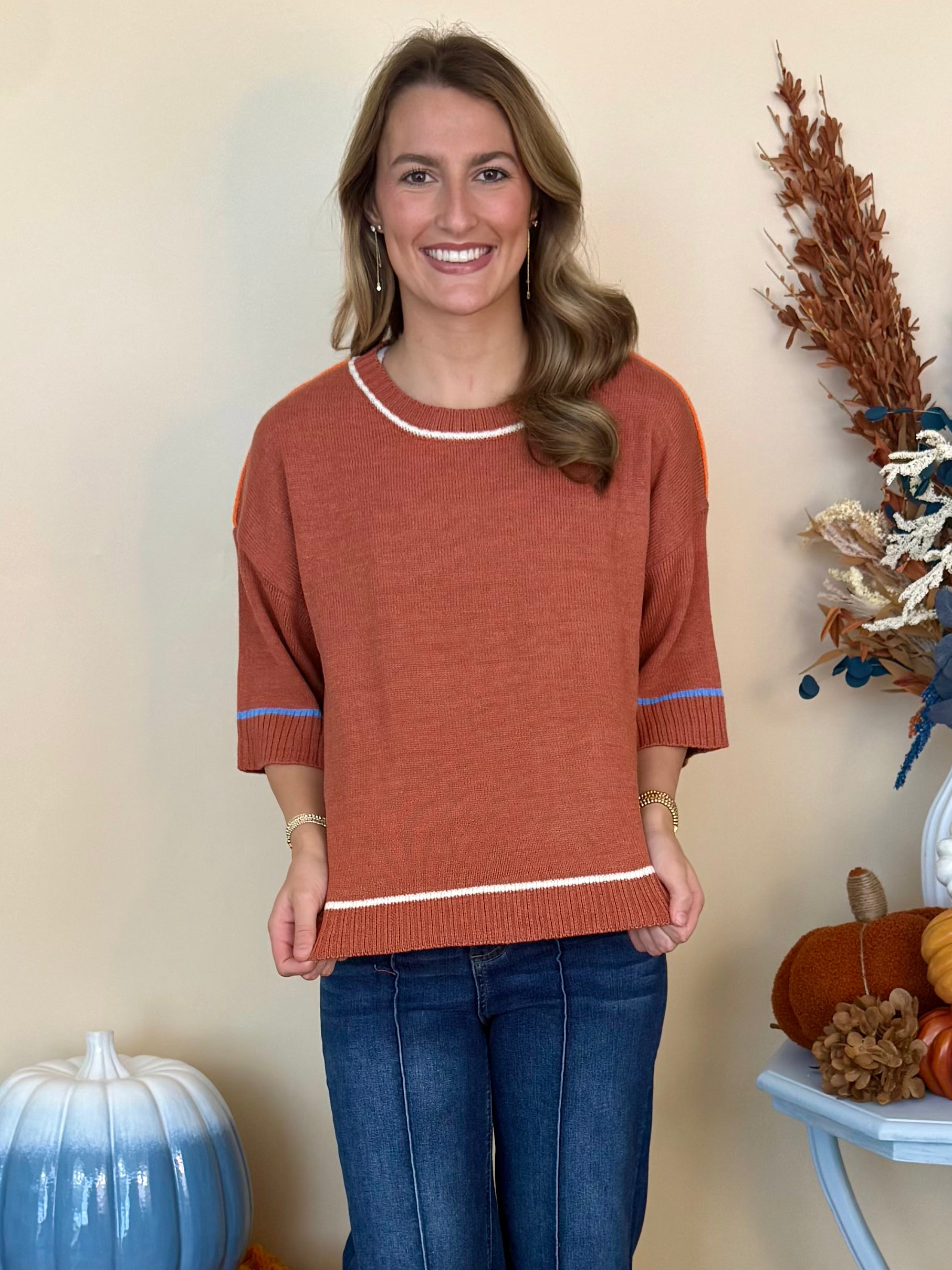 Hey Pumpkin Cinnamon Half Sleeve Contrast Sweater-Shop-Womens-Boutique-Clothing