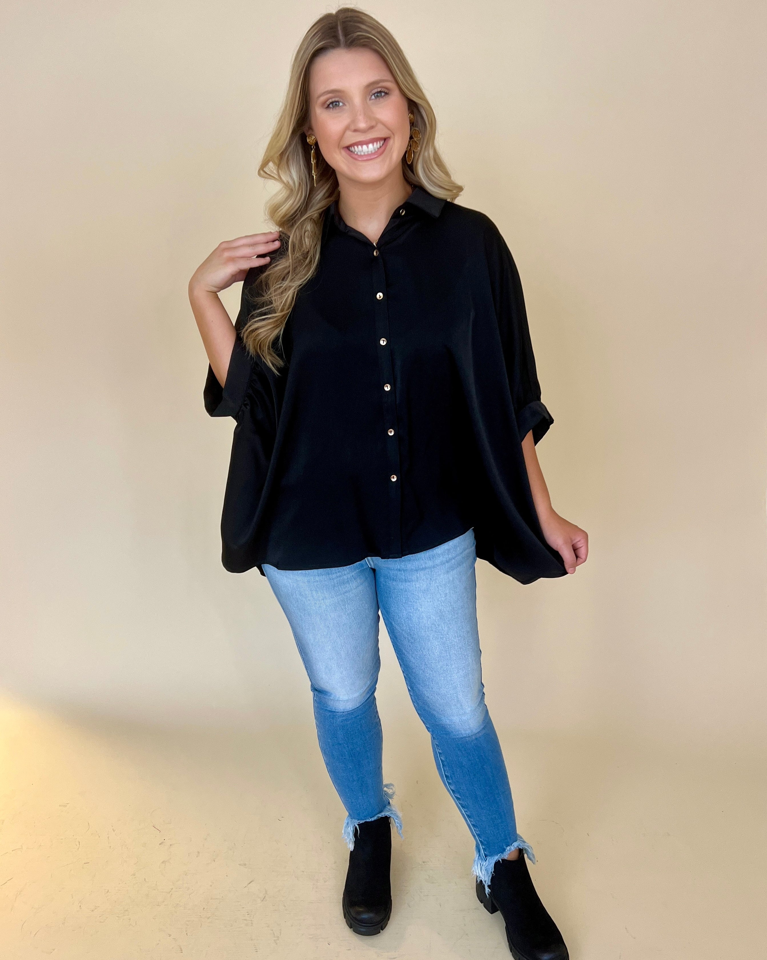 All Up To You Black Satin Button Down Top-Shop-Womens-Boutique-Clothing