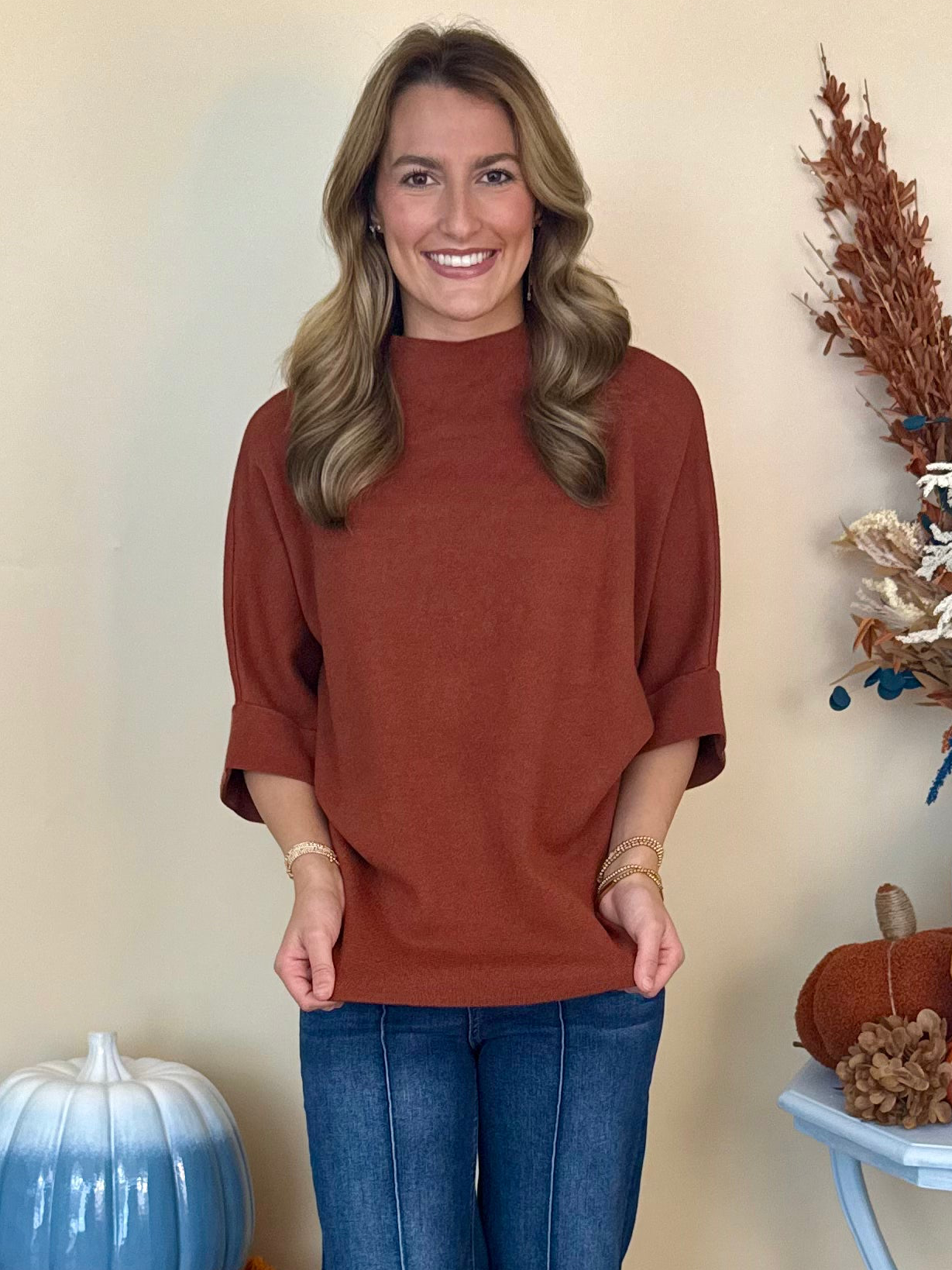 Sweater Weather Cinnamon Mock Neck Short Sleeve Sweater-Shop-Womens-Boutique-Clothing
