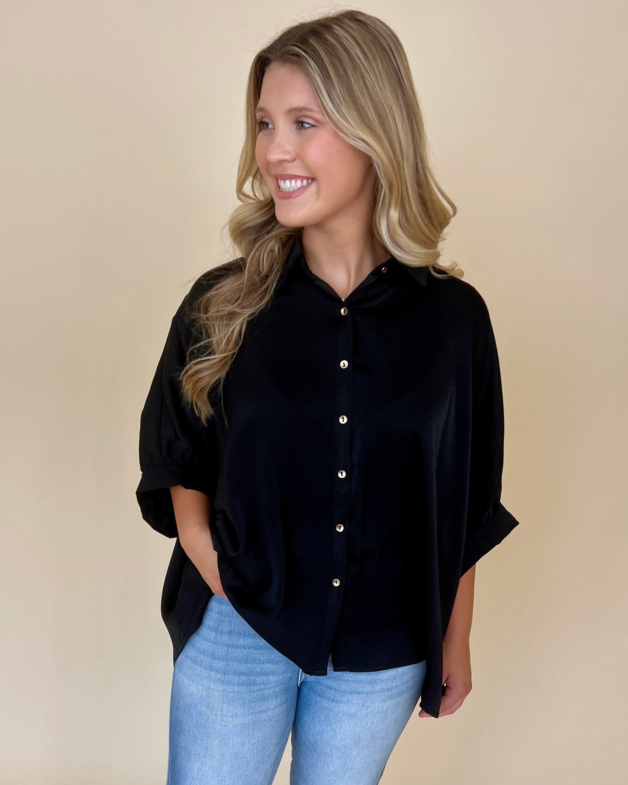 All Up To You Black Satin Button Down Top-Shop-Womens-Boutique-Clothing