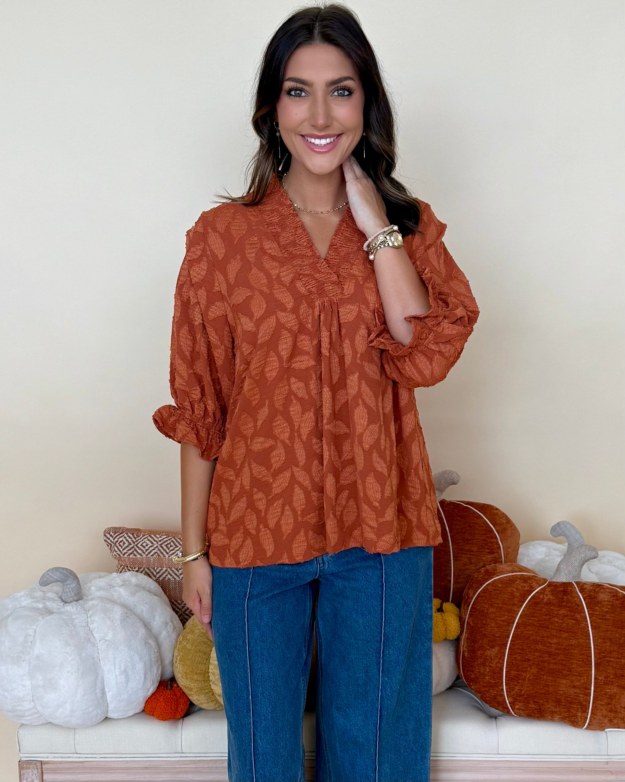 Sunkist Stroll Rust Floral Jacquard Top-Shop-Womens-Boutique-Clothing