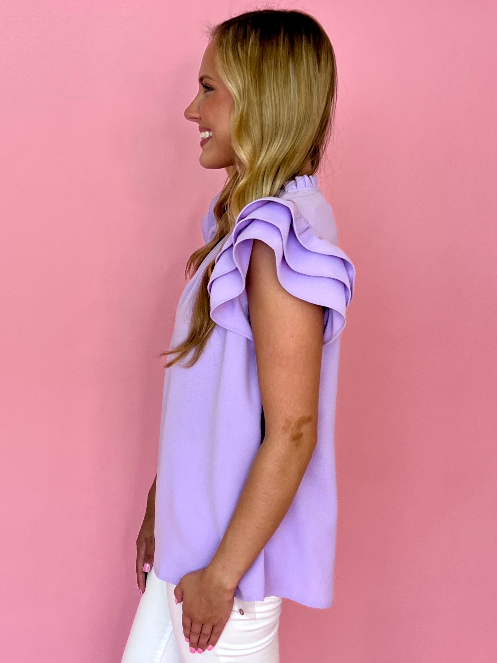 Sweet Daydreams Lavender High Neck Ruffle Sleeve Top-Shop-Womens-Boutique-Clothing
