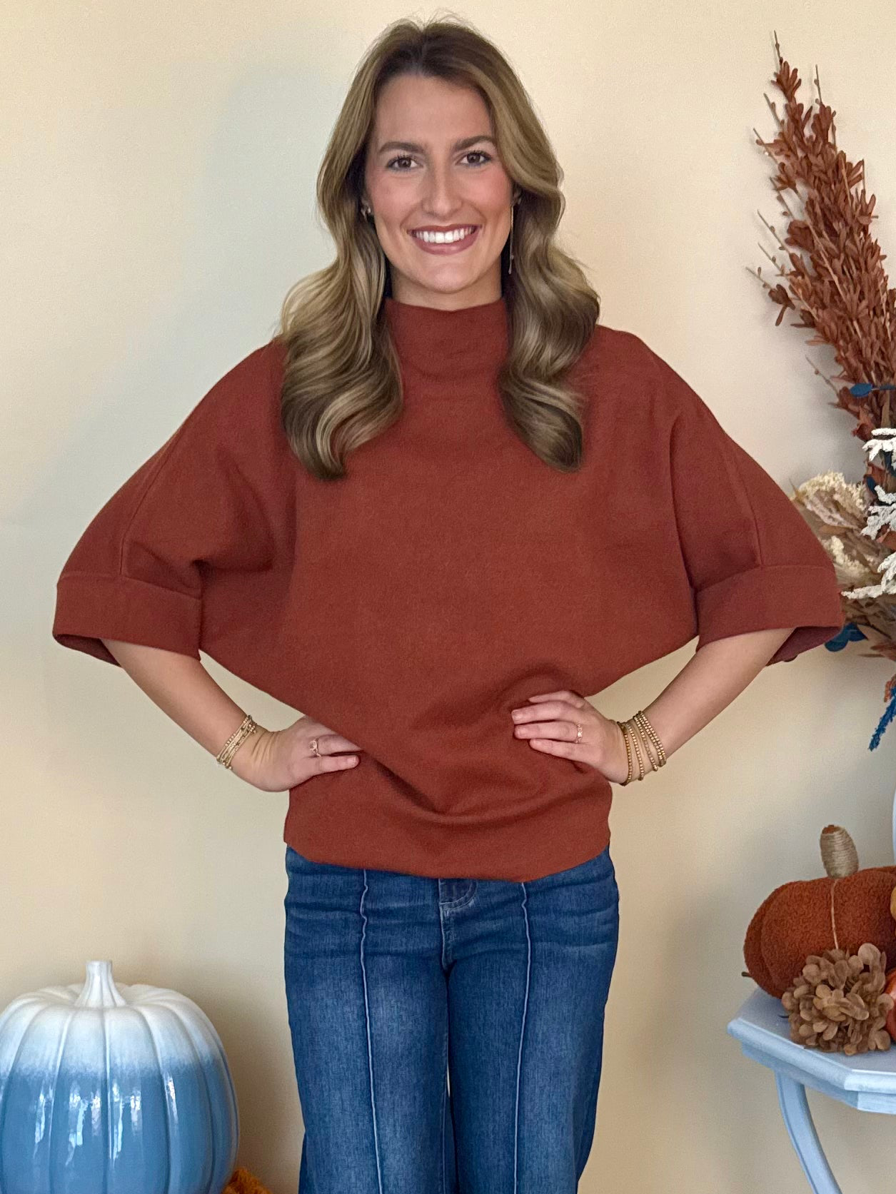 Sweater Weather Cinnamon Mock Neck Short Sleeve Sweater-Shop-Womens-Boutique-Clothing