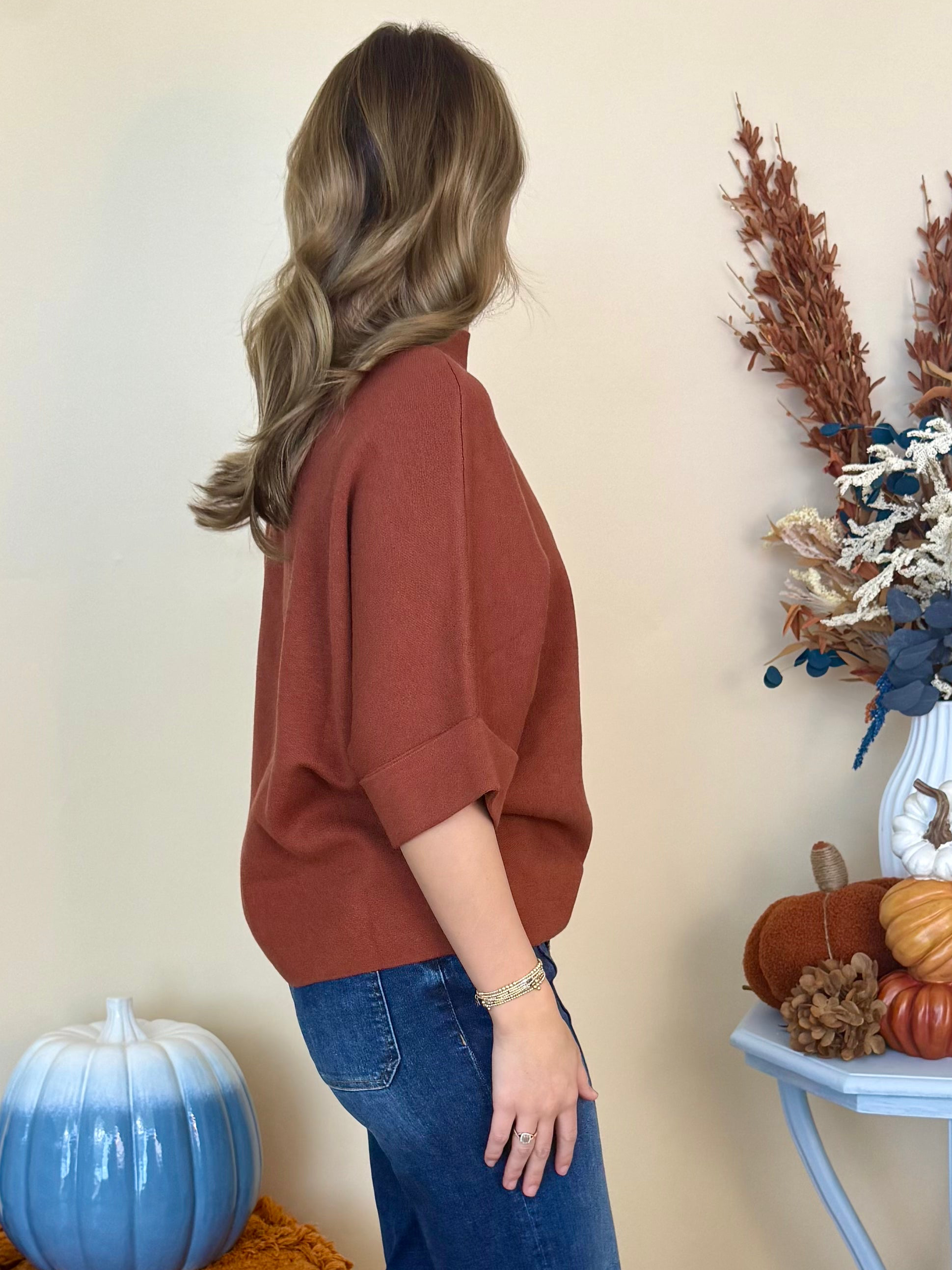 Sweater Weather Cinnamon Mock Neck Short Sleeve Sweater-Shop-Womens-Boutique-Clothing