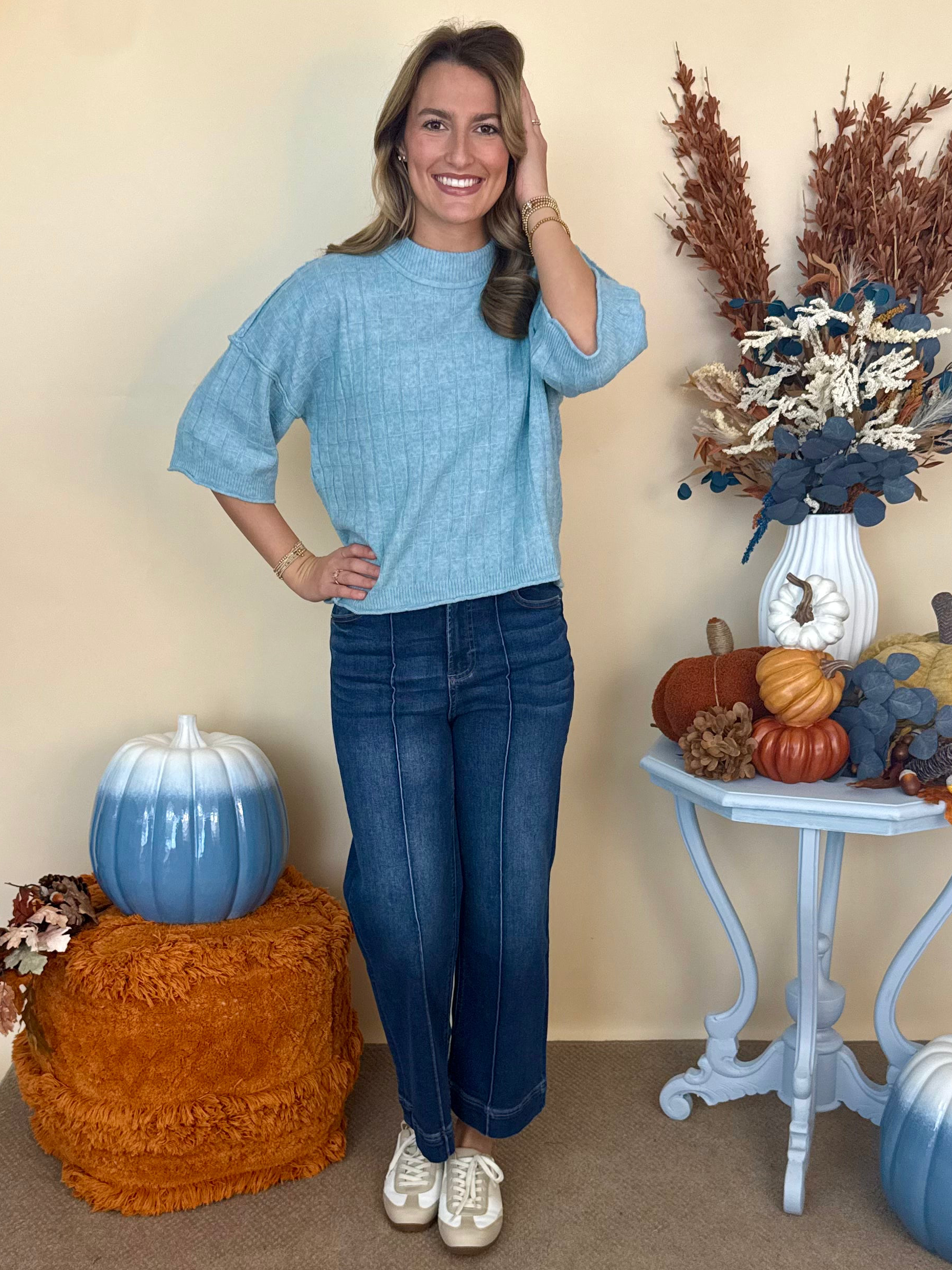 Good Thinking Blue Cropped Neck Ribbed Knit Sweater-Shop-Womens-Boutique-Clothing