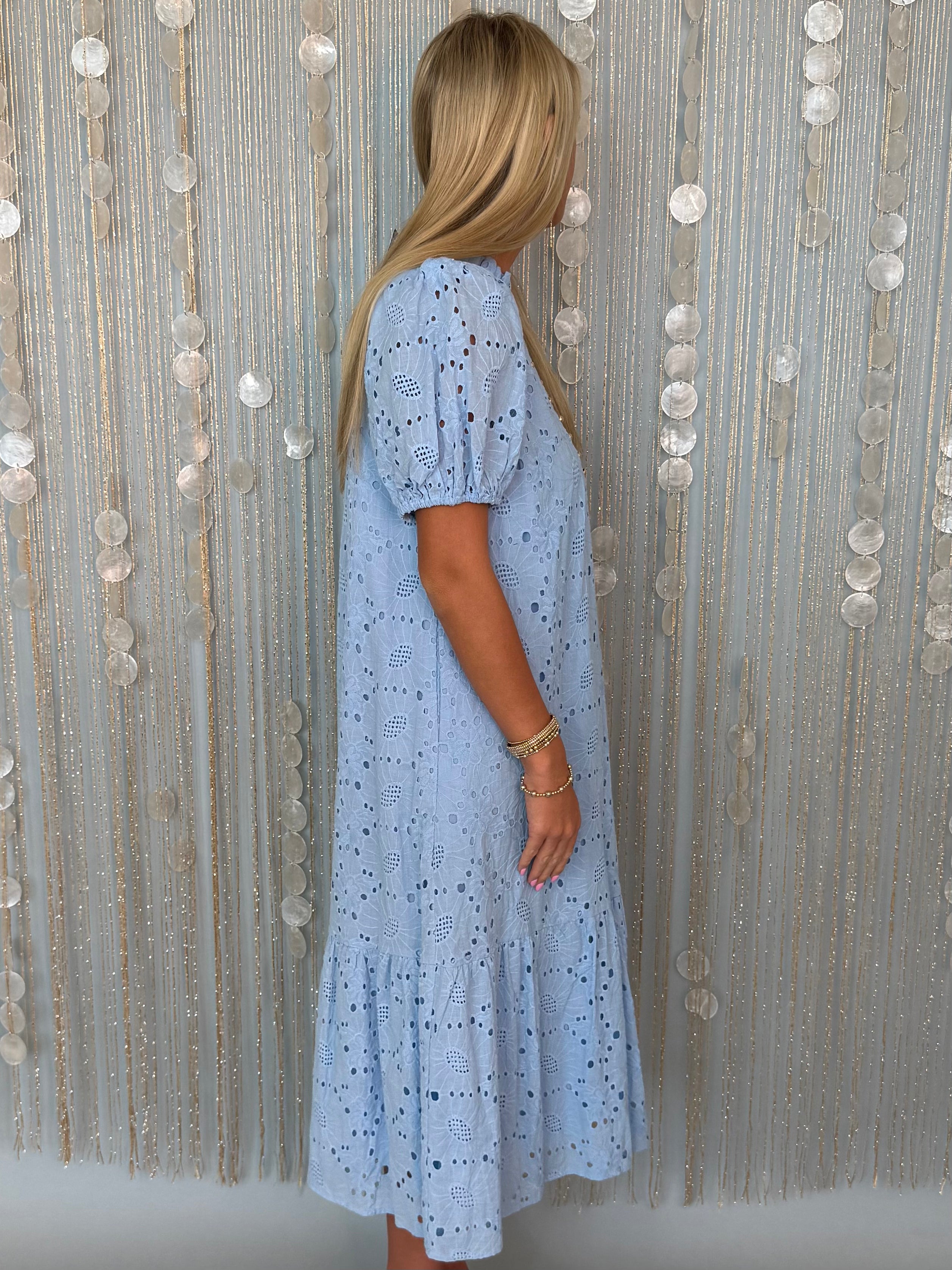 Seaside Treasure Blue Eyelet Button Front Midi Dress-Shop-Womens-Boutique-Clothing