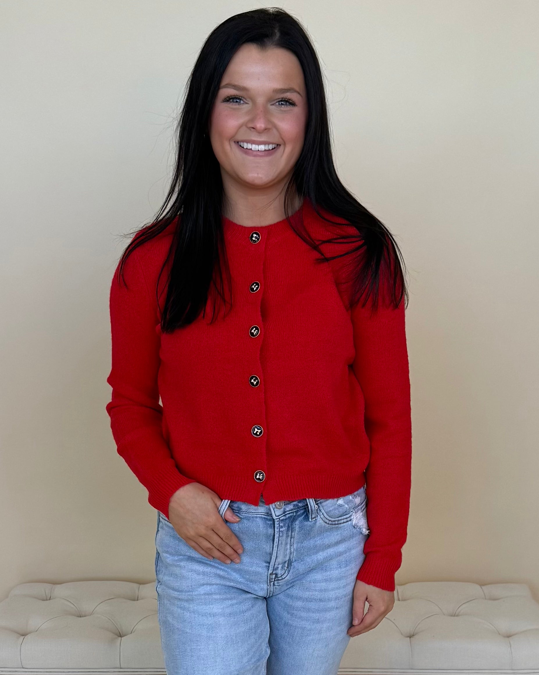 Each Their Own Red Bow Button Cardigan-Shop-Womens-Boutique-Clothing
