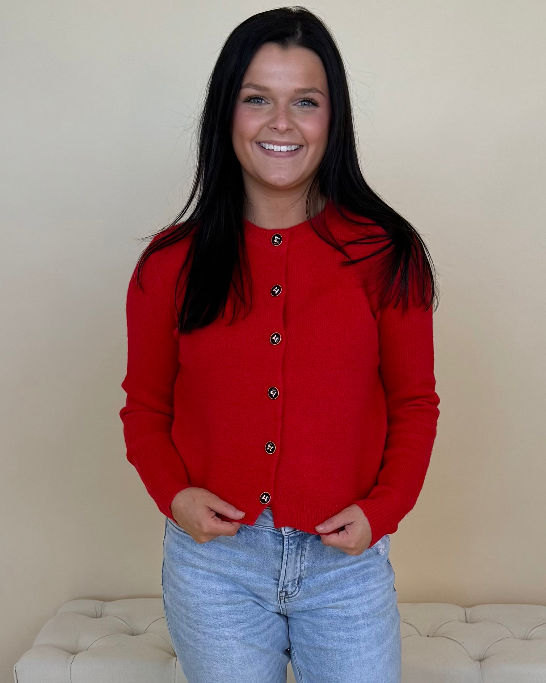 Each Their Own Red Bow Button Cardigan-Shop-Womens-Boutique-Clothing