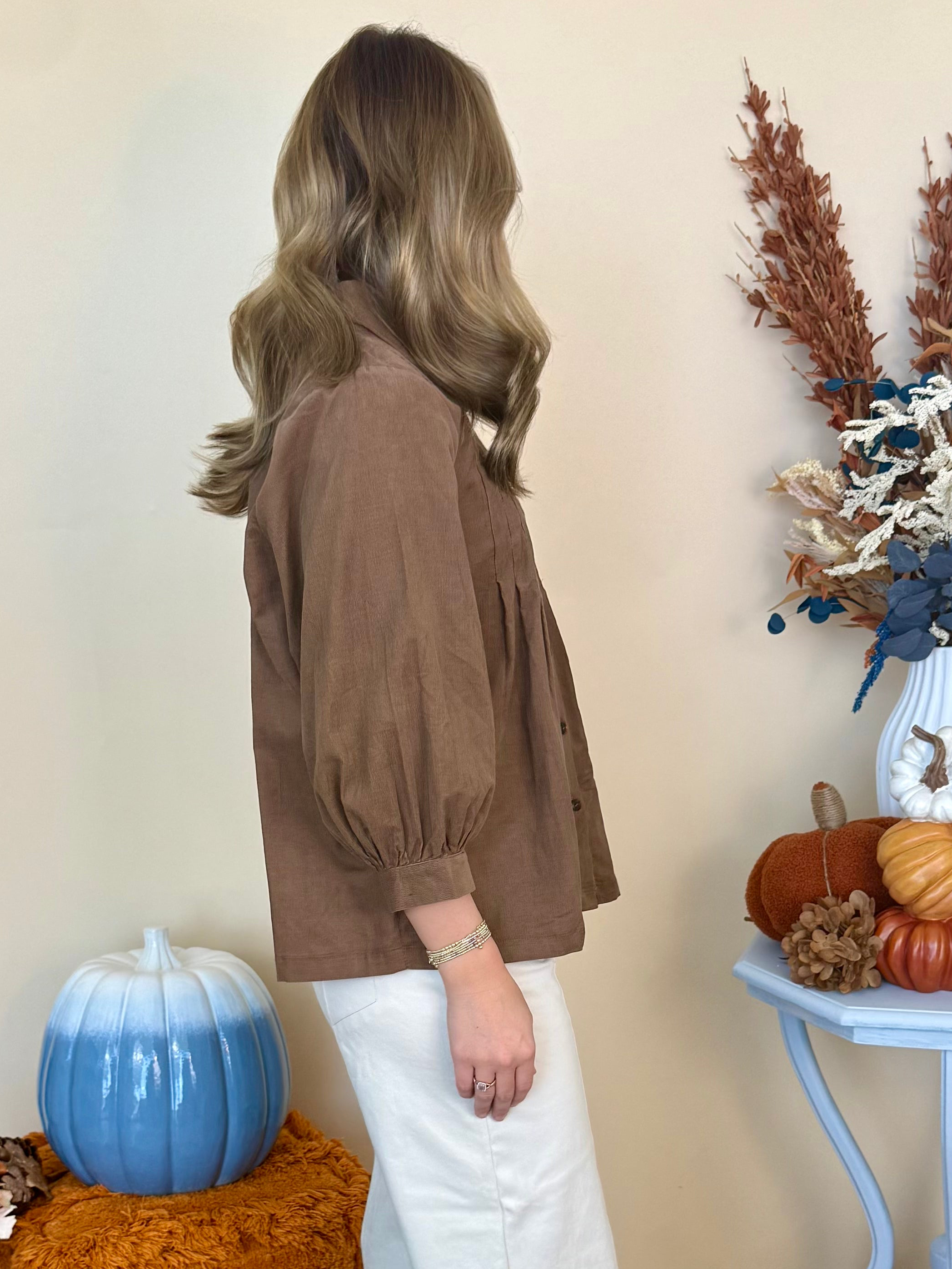 In the Details Mocha Pleated Button Down Corduroy Top-Shop-Womens-Boutique-Clothing