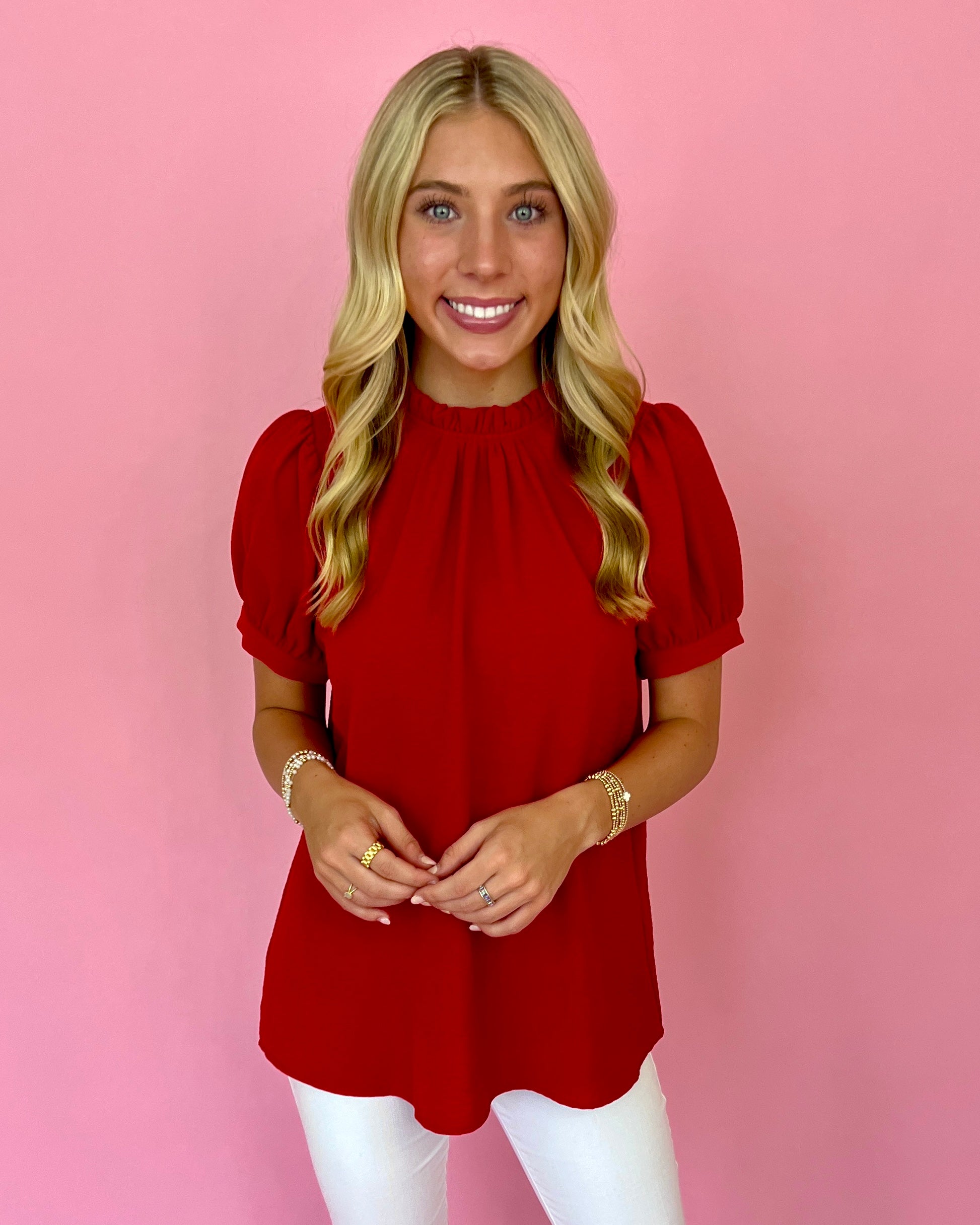 Brighter Days Ahead Tomato Red Puff Sleeve High Neck Top-Shop-Womens-Boutique-Clothing