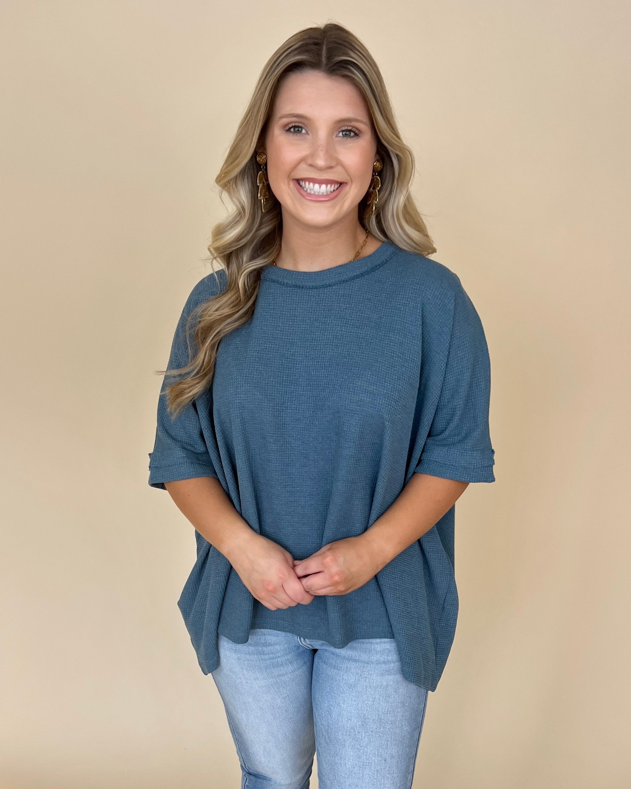 Find Myself Dusty Blue Waffle Texture Round Neck Top-Shop-Womens-Boutique-Clothing