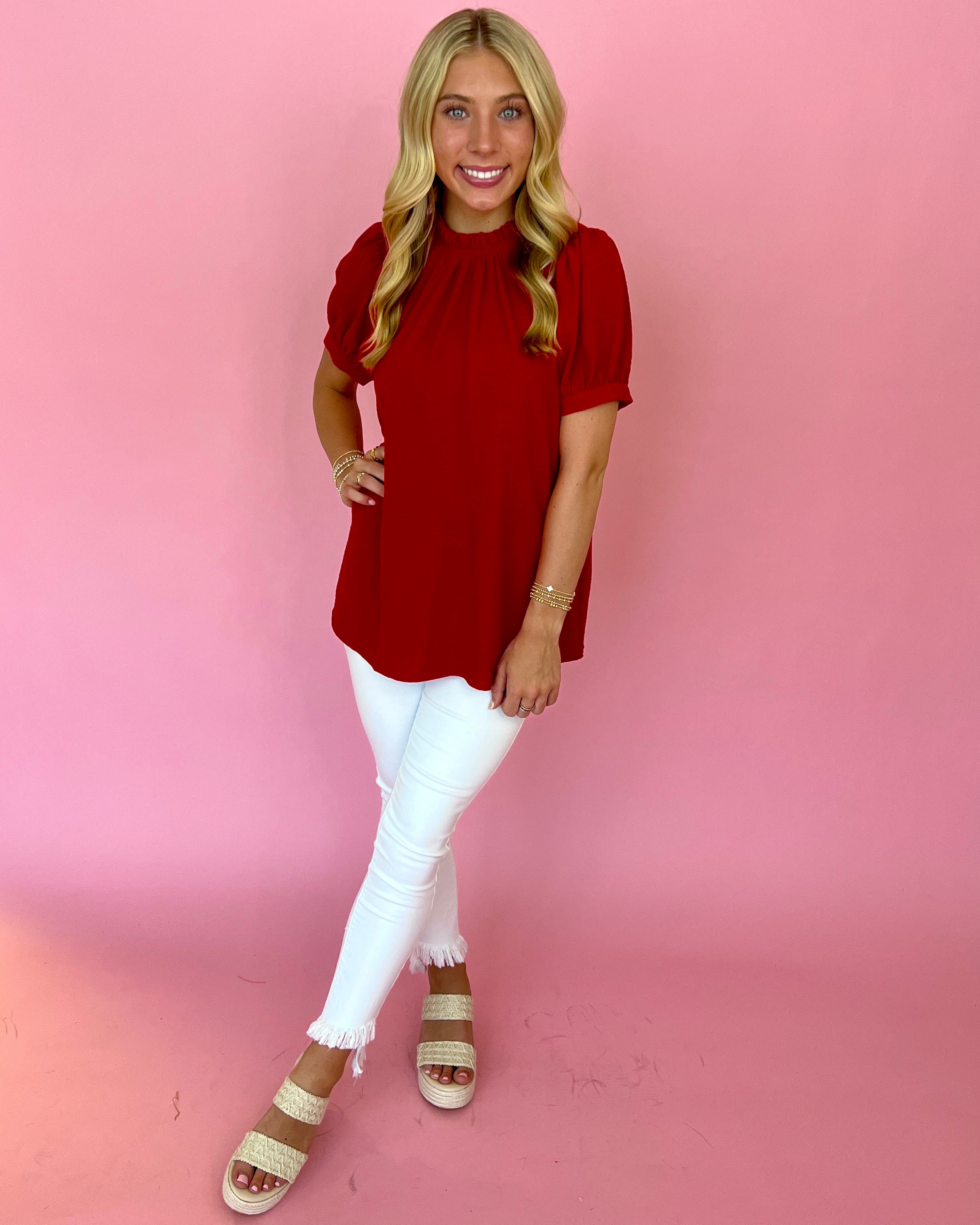 Brighter Days Ahead Tomato Red Puff Sleeve High Neck Top-Shop-Womens-Boutique-Clothing