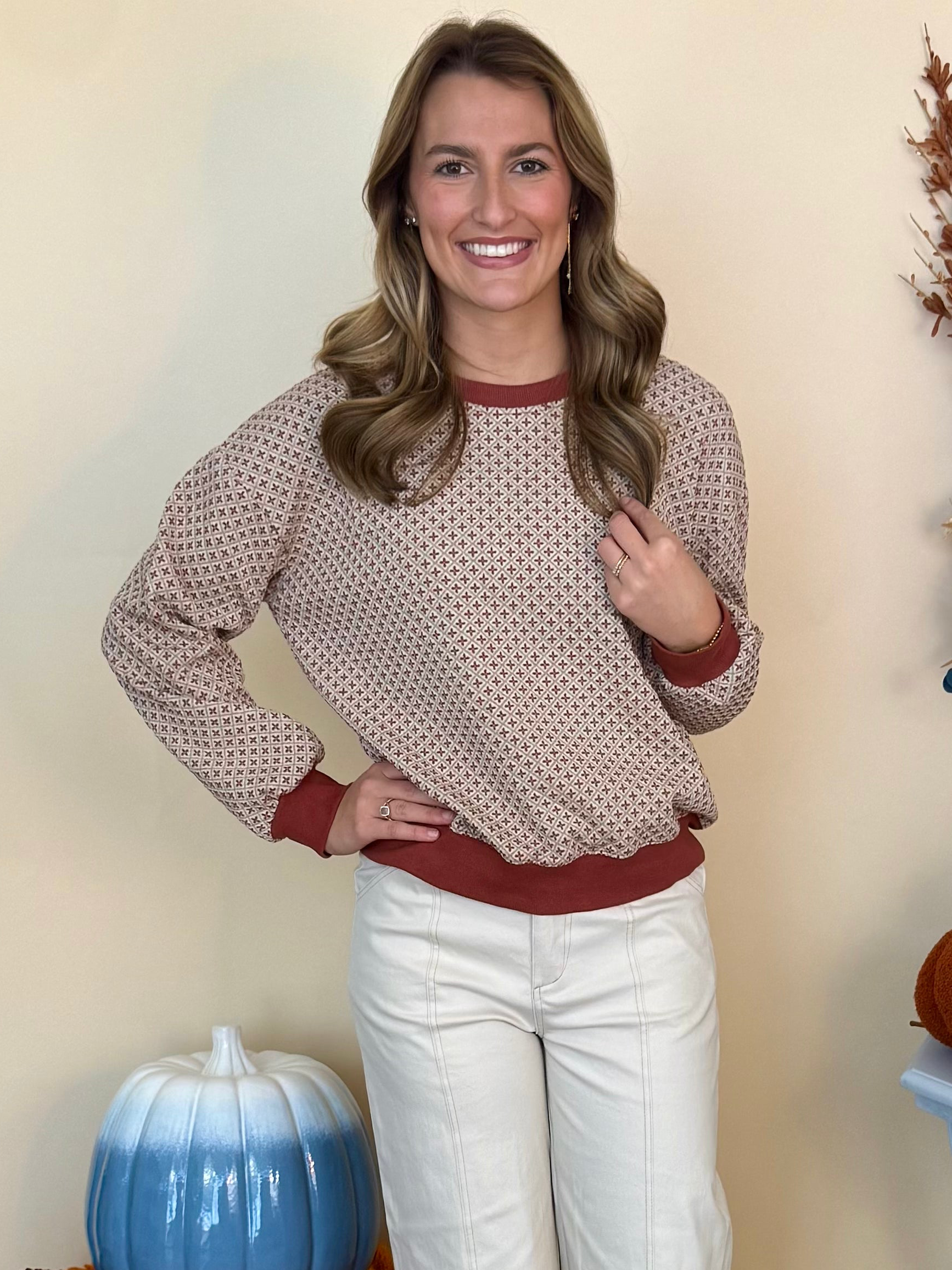 Casual Cutie Rust Jacquard Long Sleeve Top-Shop-Womens-Boutique-Clothing