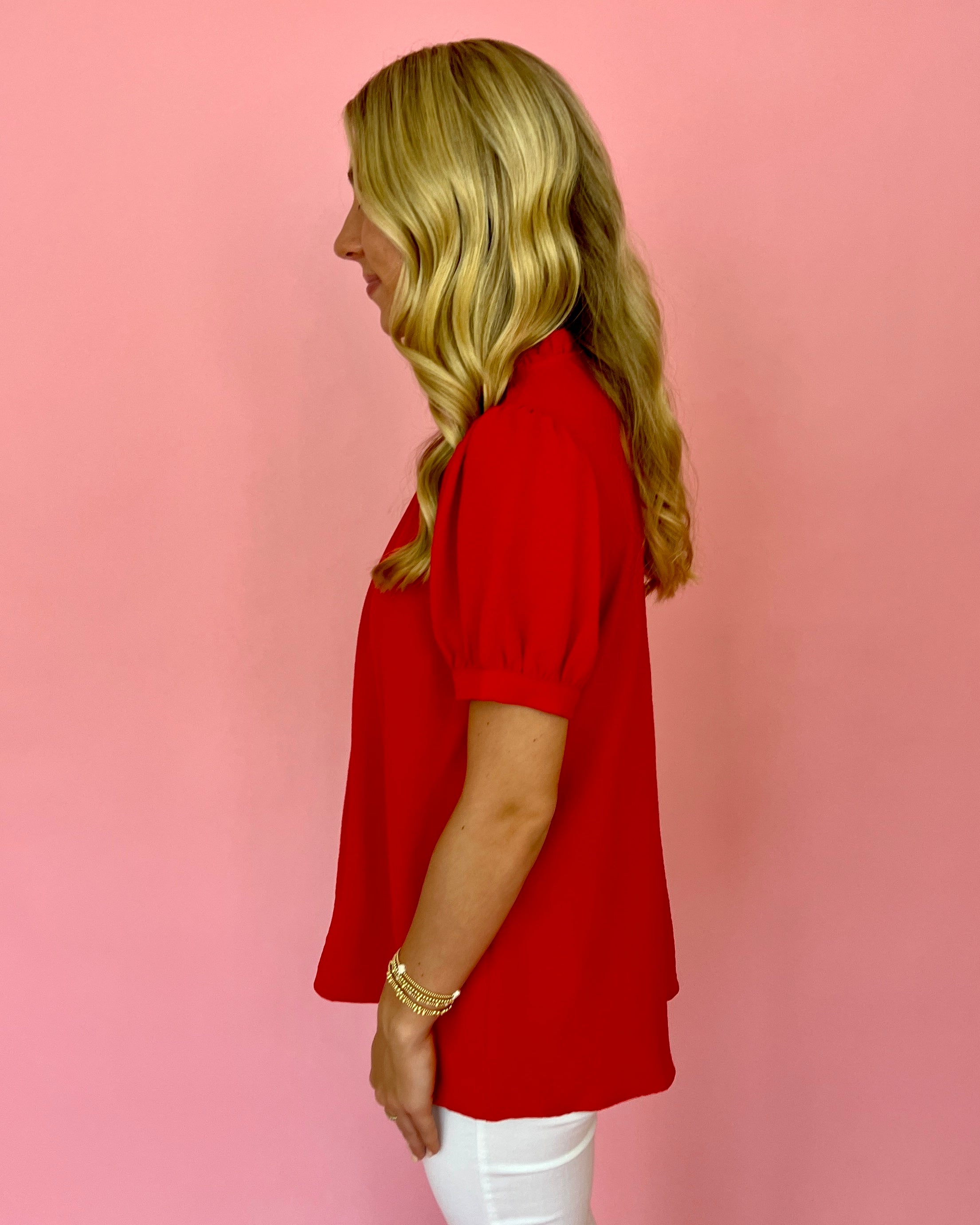 Brighter Days Ahead Tomato Red Puff Sleeve High Neck Top-Shop-Womens-Boutique-Clothing