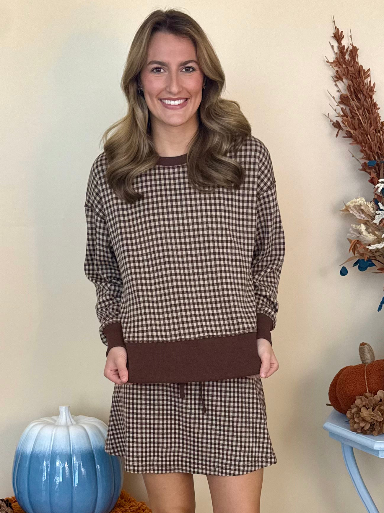 Gather Around Brown Gingham Sweatshirt-Shop-Womens-Boutique-Clothing