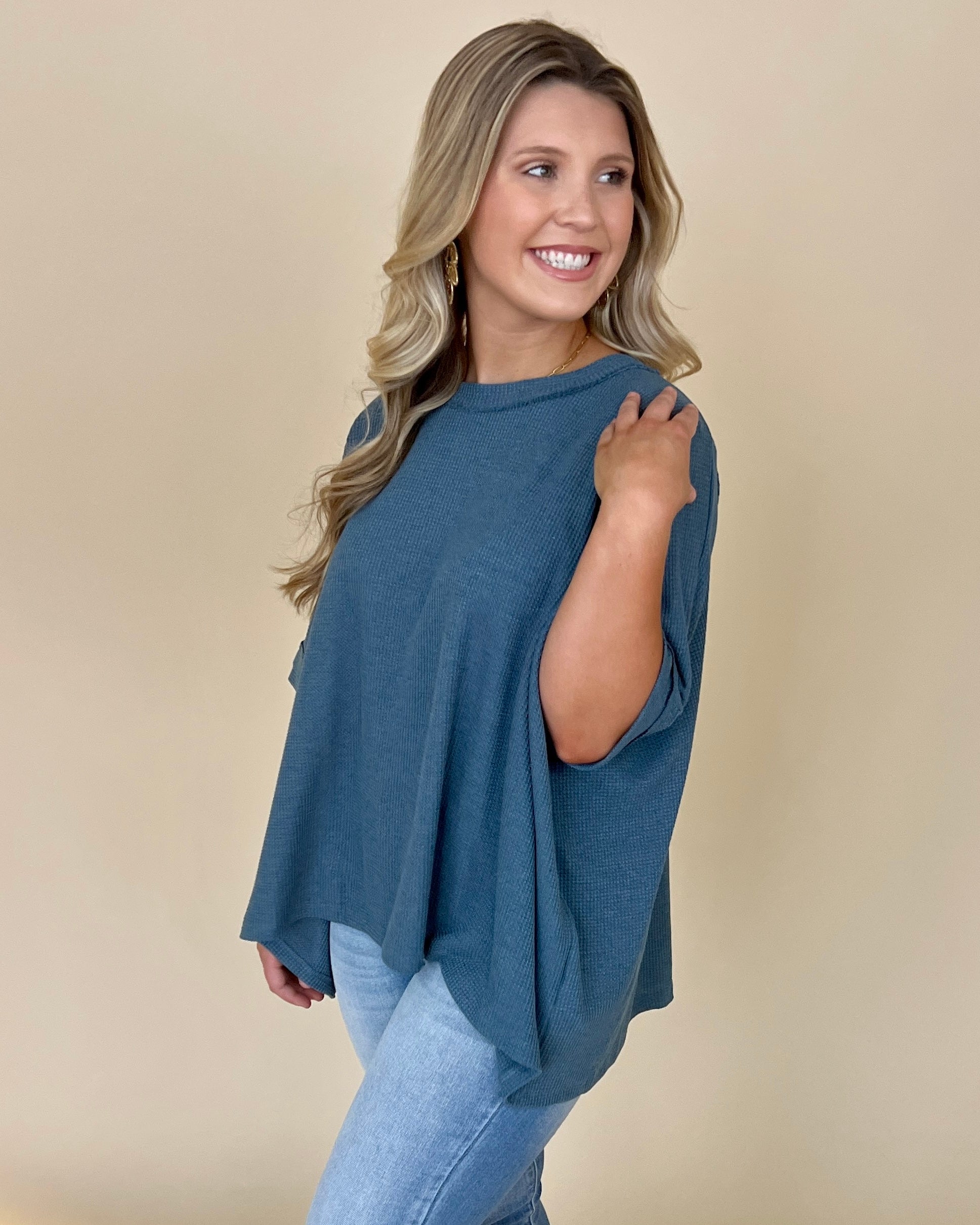 Find Myself Dusty Blue Waffle Texture Round Neck Top-Shop-Womens-Boutique-Clothing
