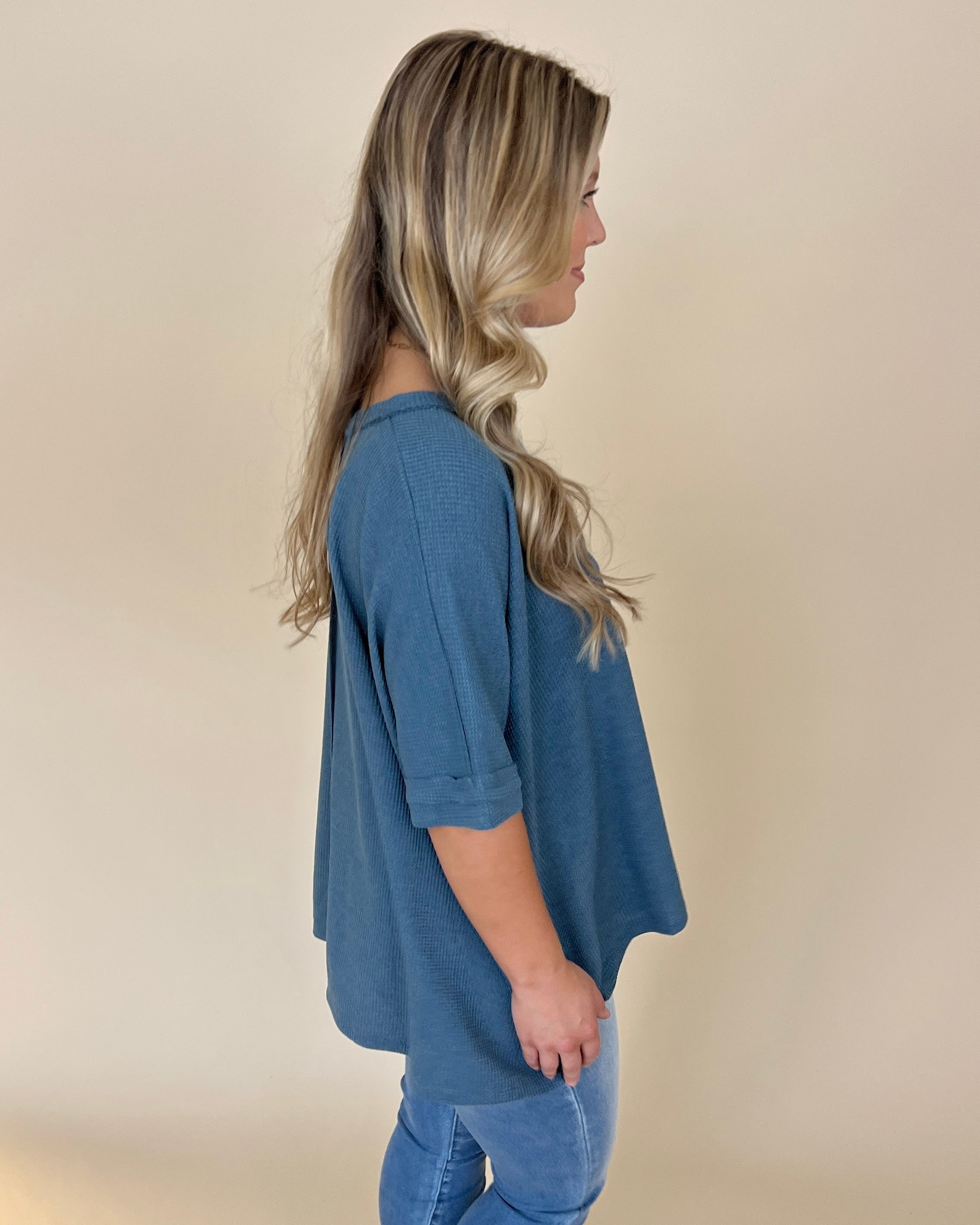 Find Myself Dusty Blue Waffle Texture Round Neck Top-Shop-Womens-Boutique-Clothing