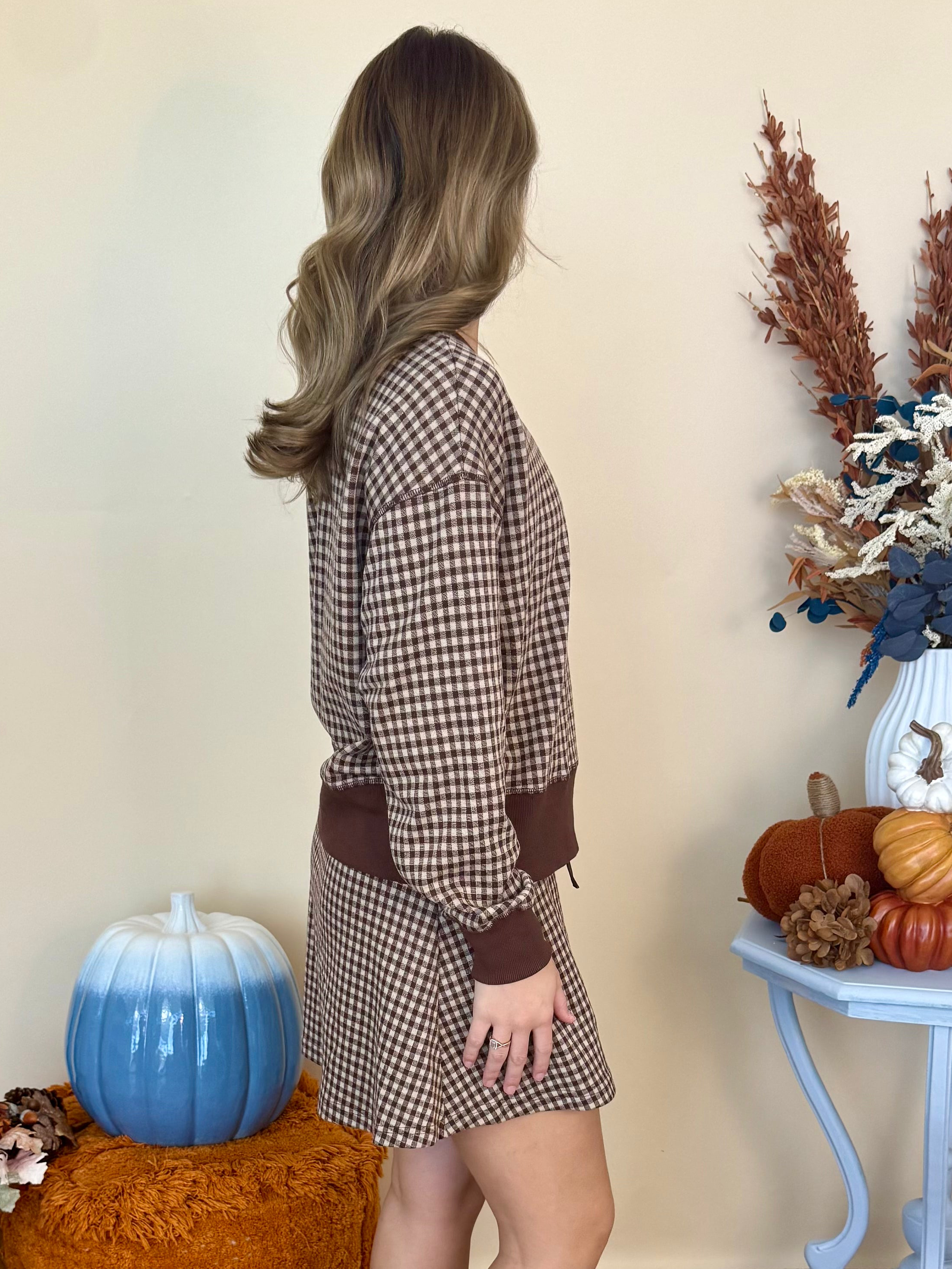 Gather Around Brown Gingham Sweatshirt-Shop-Womens-Boutique-Clothing