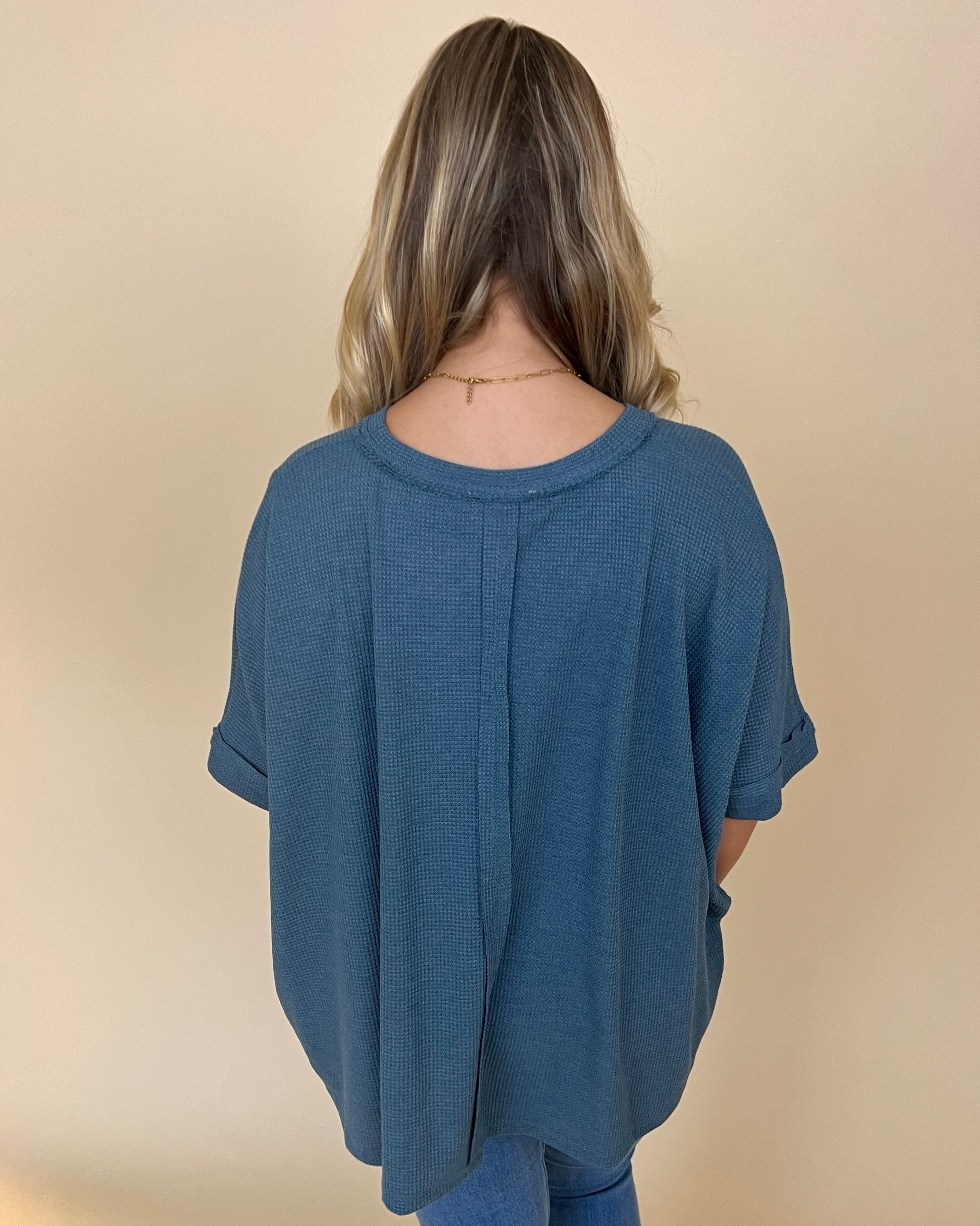 Find Myself Dusty Blue Waffle Texture Round Neck Top-Shop-Womens-Boutique-Clothing