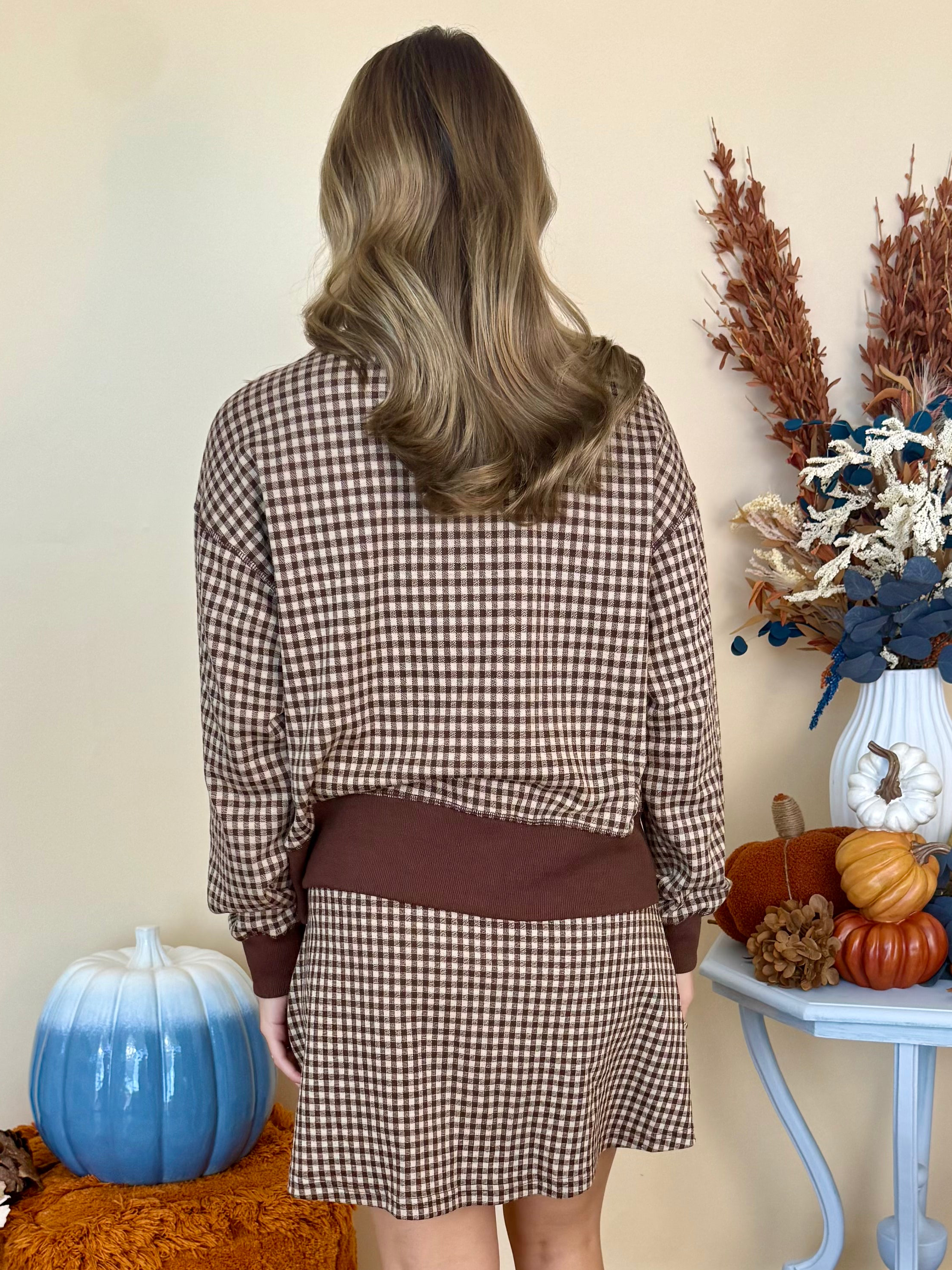 Gather Around Brown Gingham Sweatshirt-Shop-Womens-Boutique-Clothing