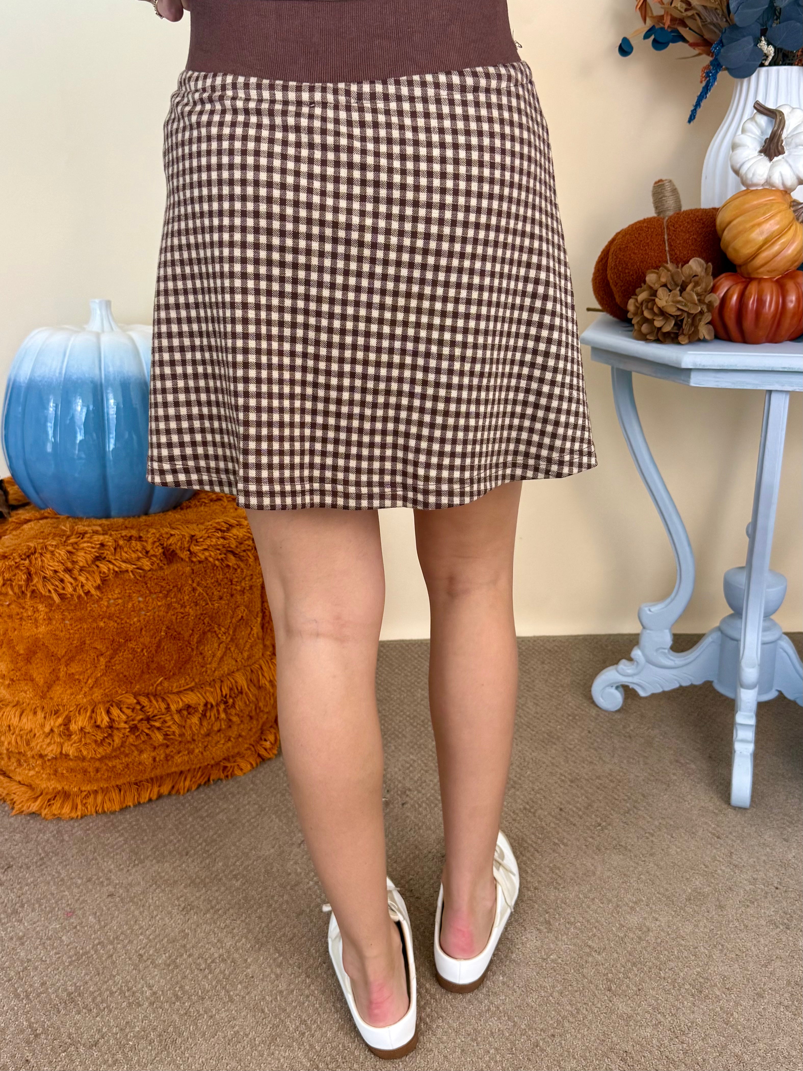 Lost in Love Brown Gingham A Line Skort-Shop-Womens-Boutique-Clothing