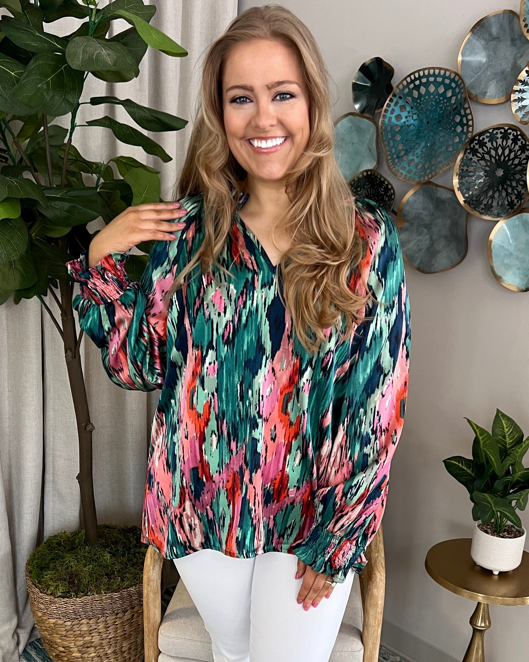 Quick Decision Green/Pink Plus Watercolor Top-Shop-Womens-Boutique-Clothing