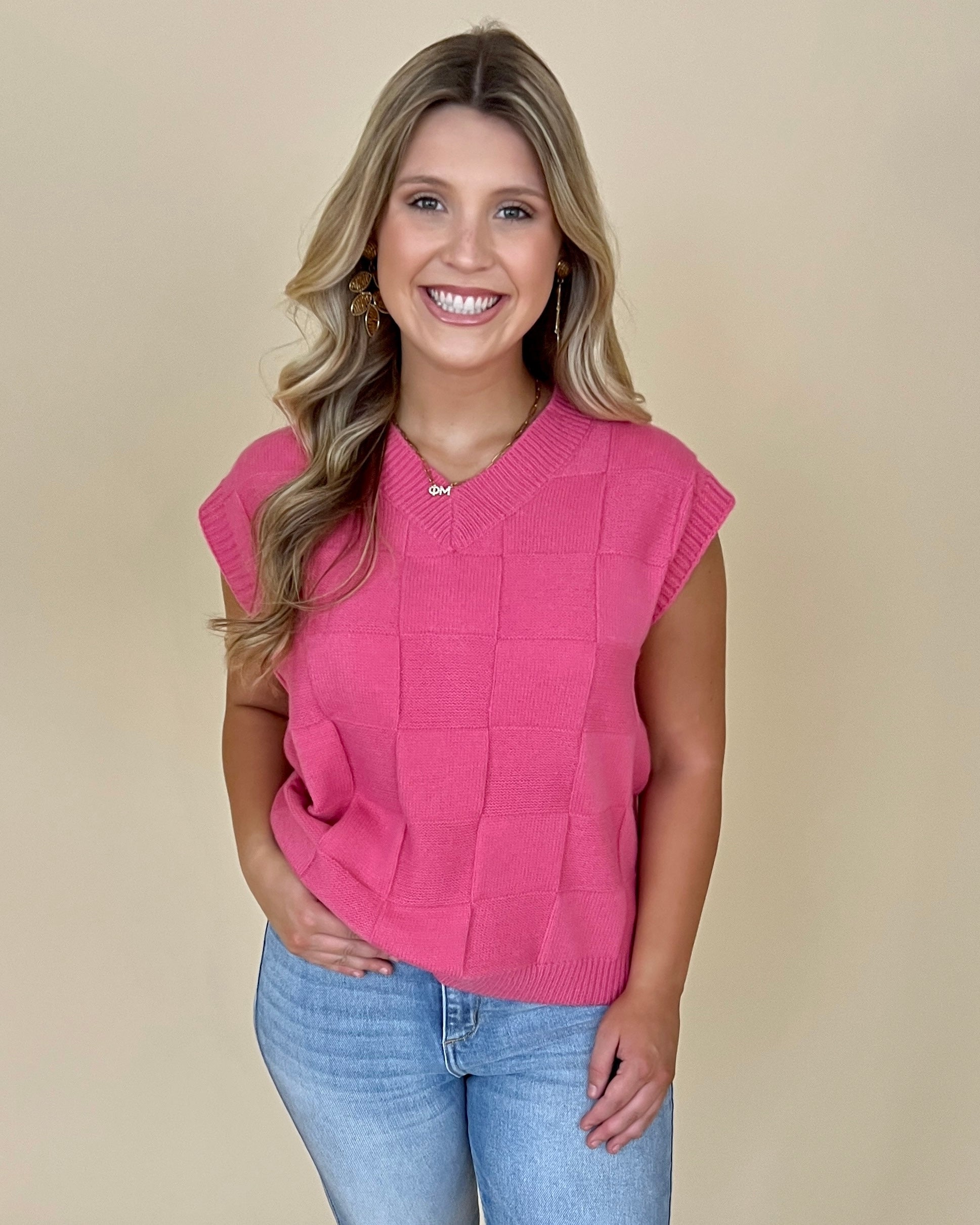 Market Square Raspberry Cream Checkered Sweater Vest-Shop-Womens-Boutique-Clothing