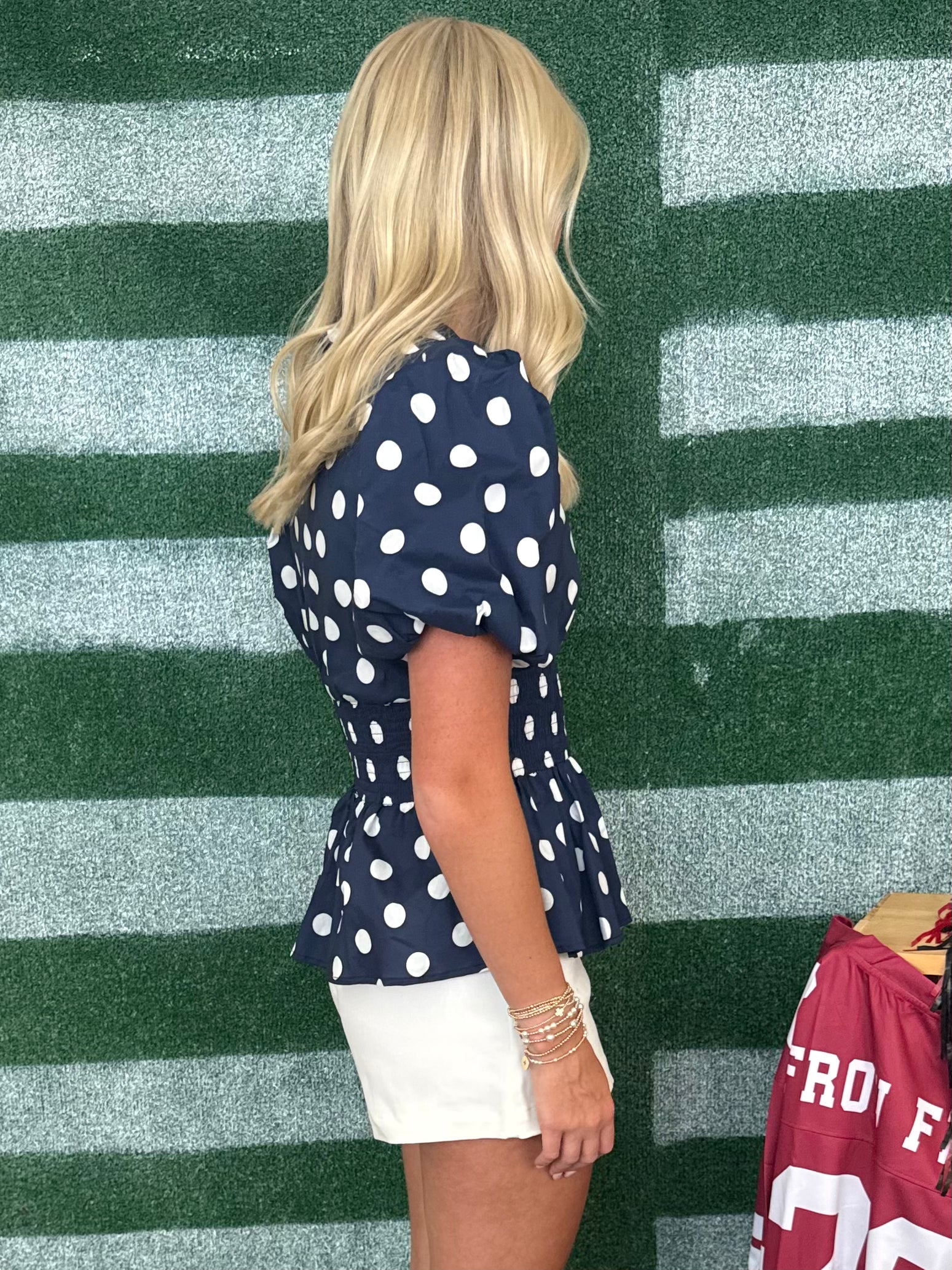 Football Feels Navy Polka Dot Smocked Top-Shop-Womens-Boutique-Clothing