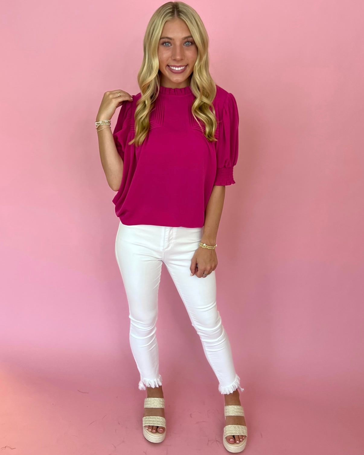 Keep Smiling Fuchsia Smocked Sleeve Yoke Detail Top-Shop-Womens-Boutique-Clothing