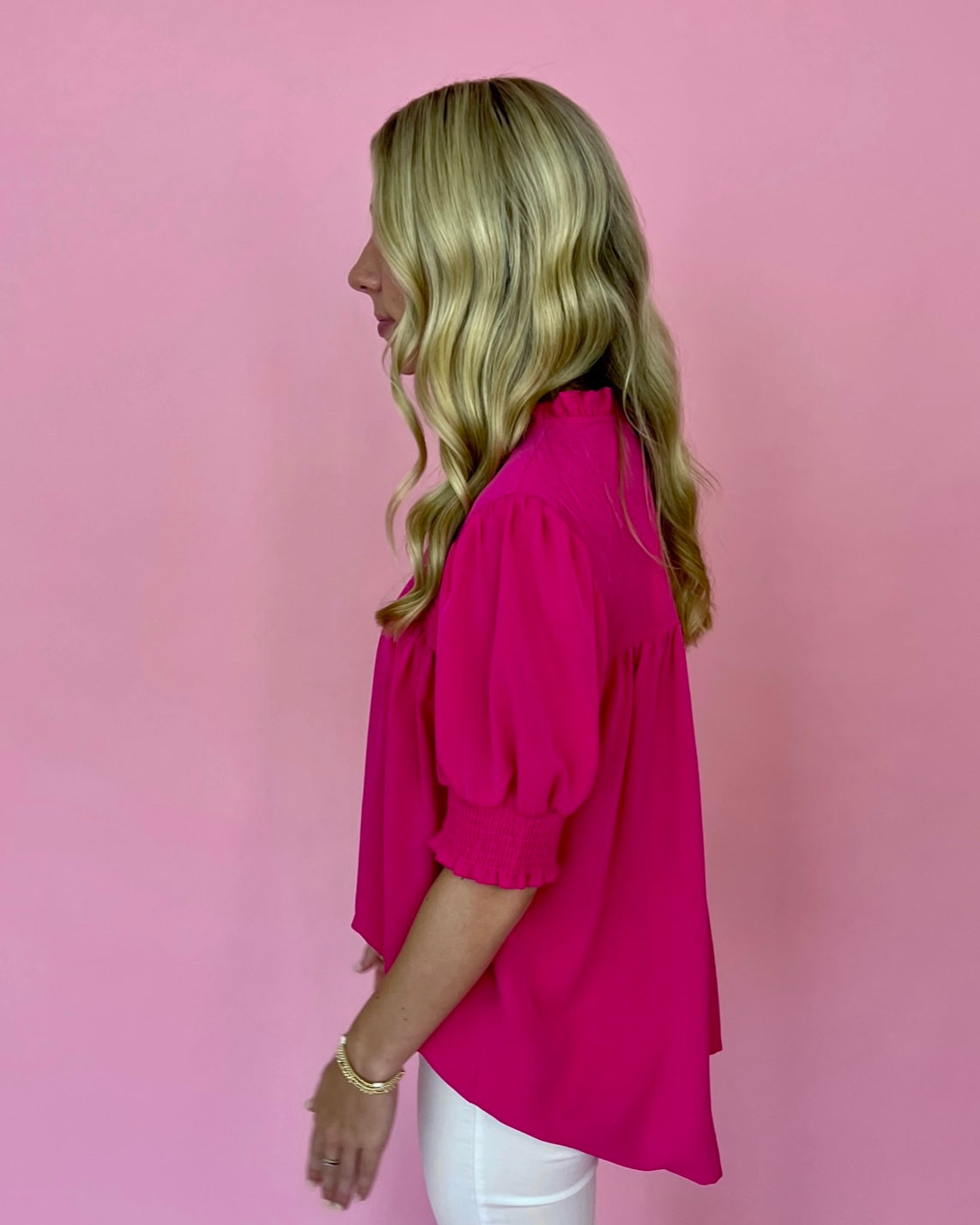 Keep Smiling Fuchsia Smocked Sleeve Yoke Detail Top-Shop-Womens-Boutique-Clothing
