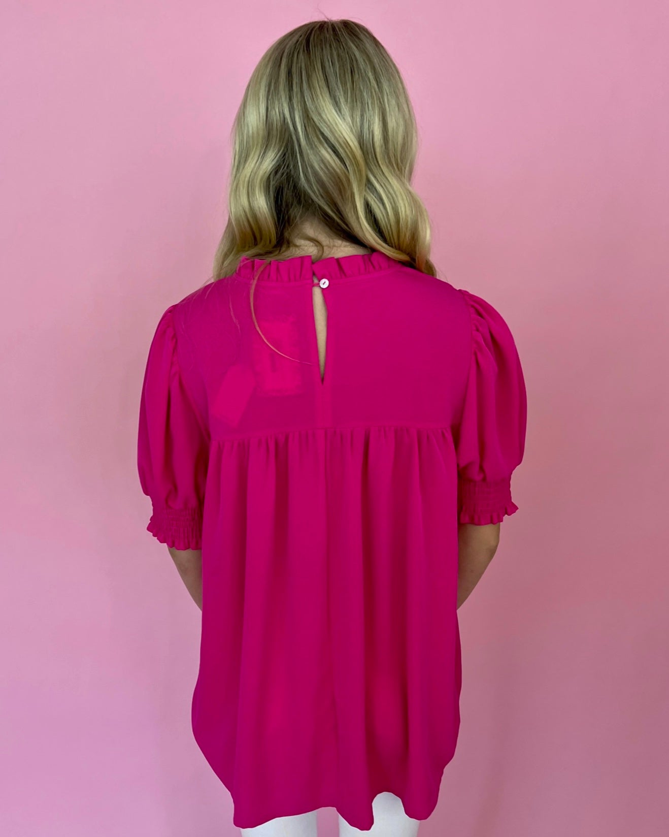 Keep Smiling Fuchsia Smocked Sleeve Yoke Detail Top-Shop-Womens-Boutique-Clothing
