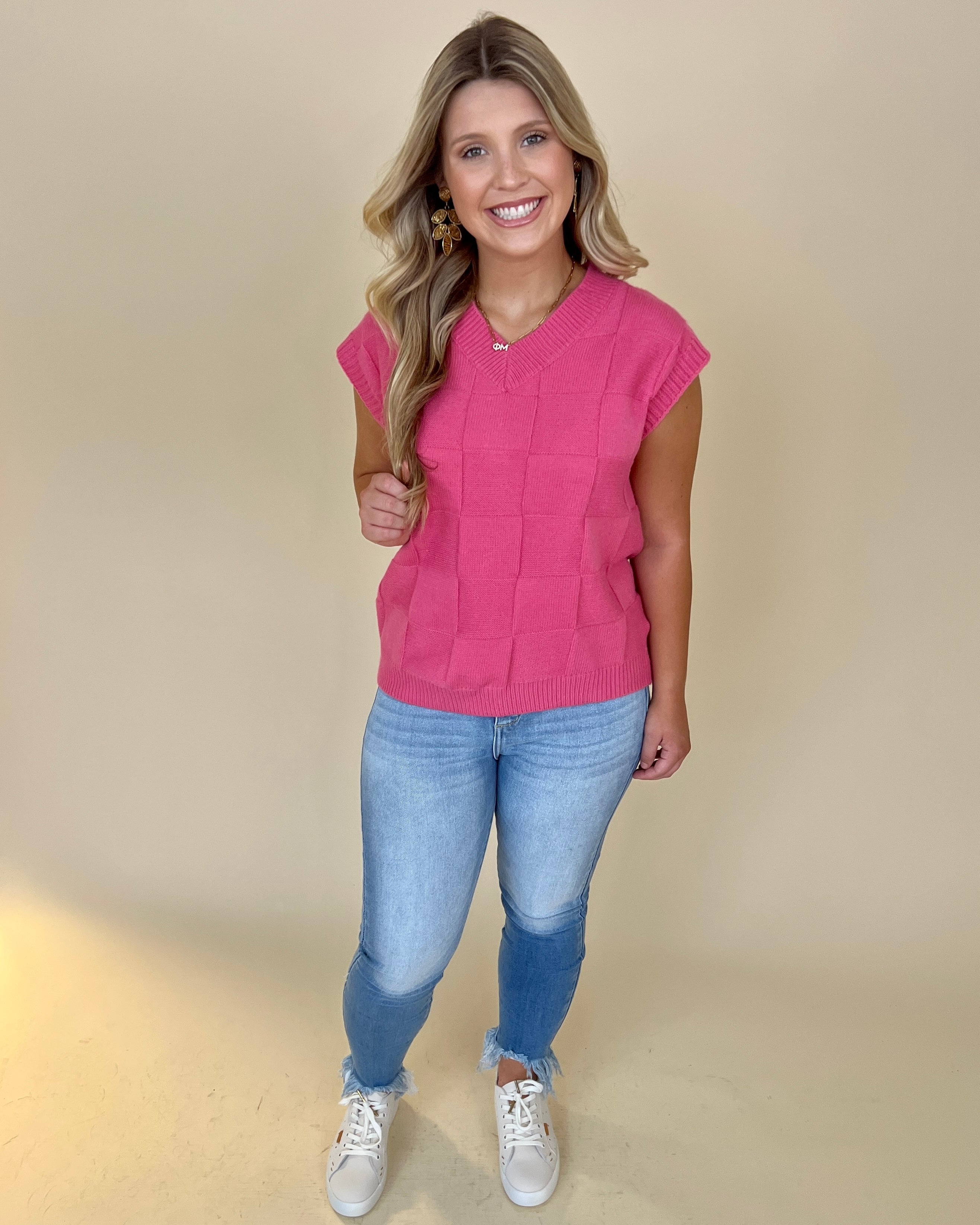Market Square Raspberry Cream Checkered Sweater Vest-Shop-Womens-Boutique-Clothing