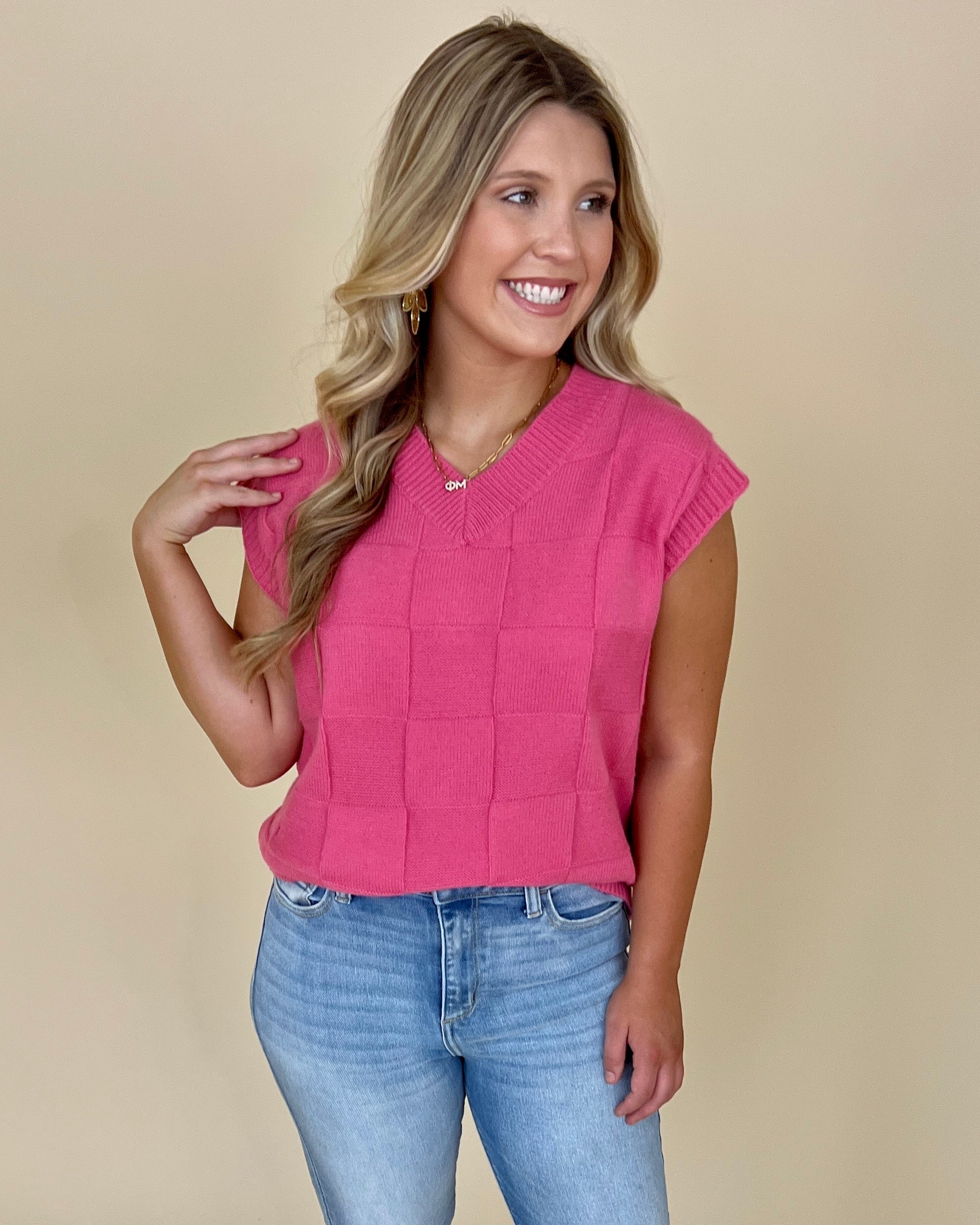 Market Square Raspberry Cream Checkered Sweater Vest-Shop-Womens-Boutique-Clothing