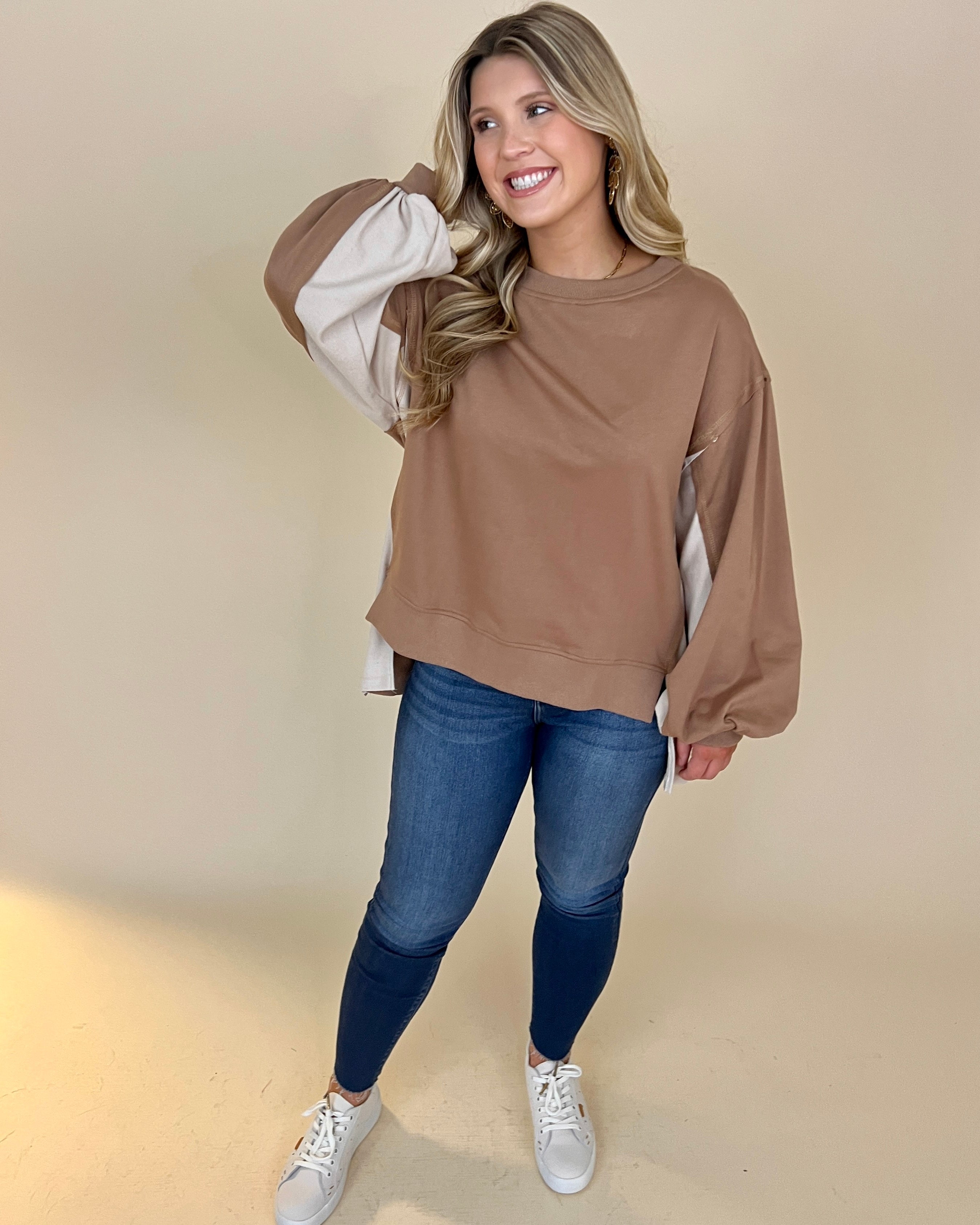 Feels So Right Camel Color Block French Terry Top-Shop-Womens-Boutique-Clothing