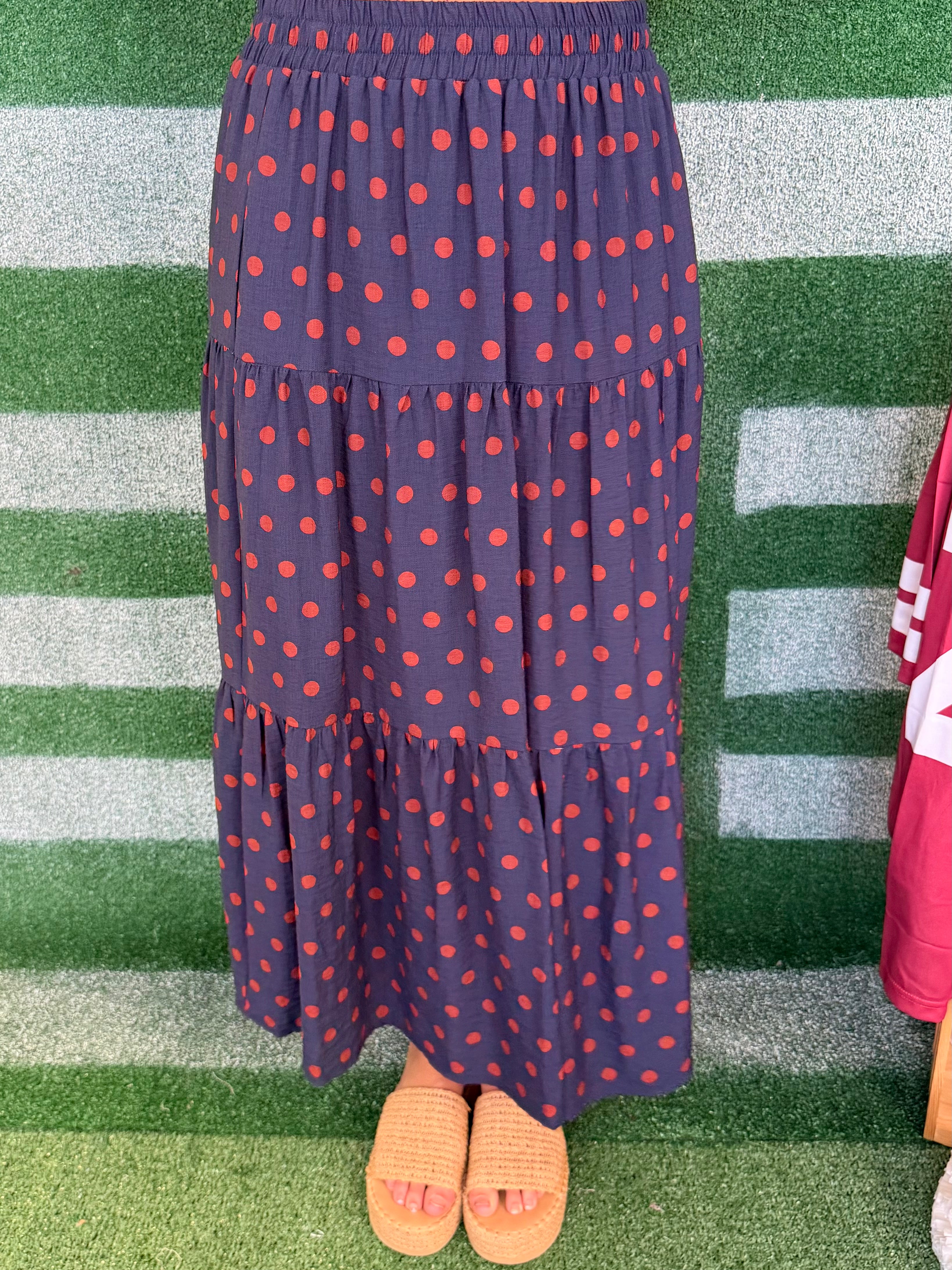 Happiness Ahead Navy Rust Polka Dot Maxi Skirt-Shop-Womens-Boutique-Clothing