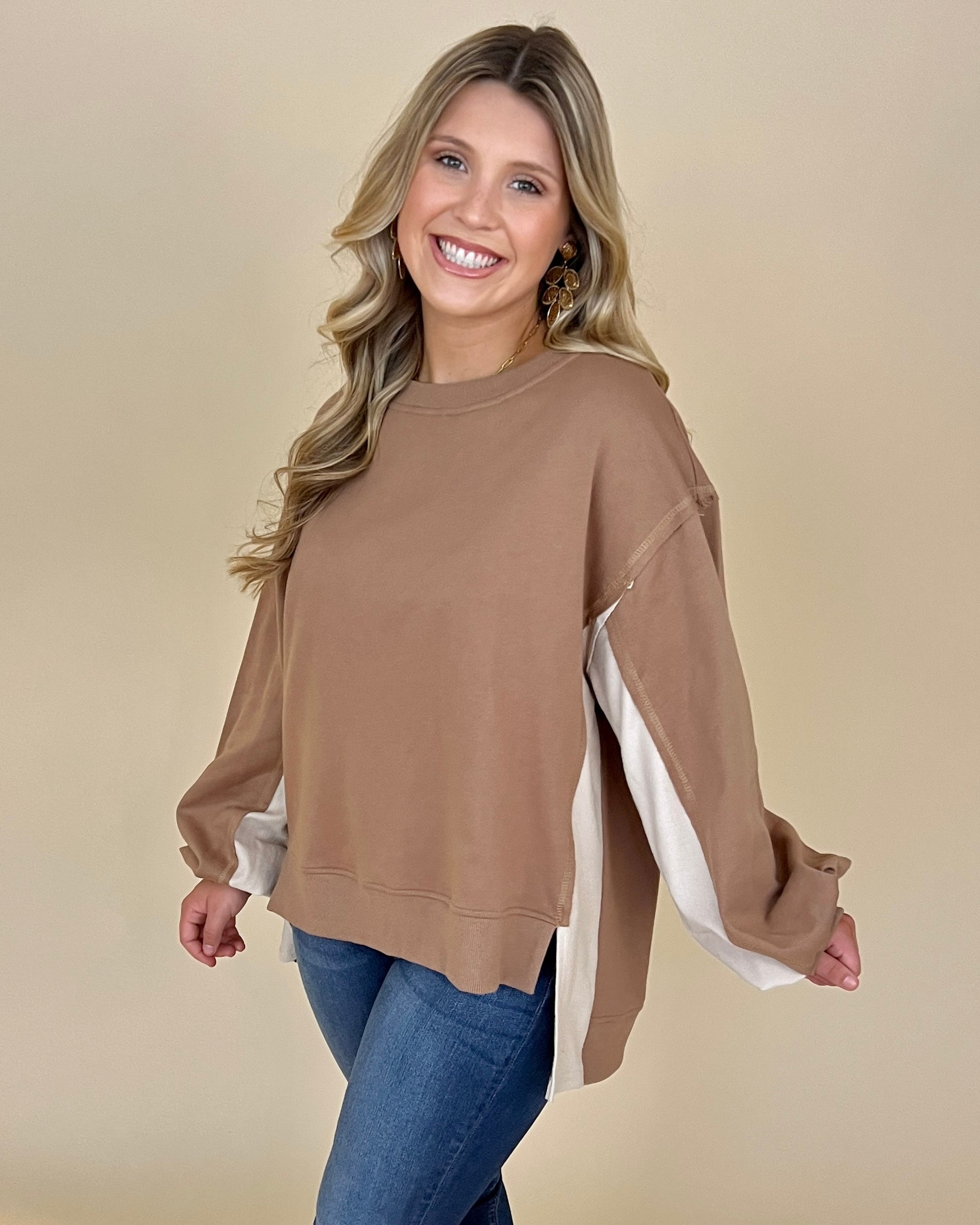 Feels So Right Camel Color Block French Terry Top-Shop-Womens-Boutique-Clothing