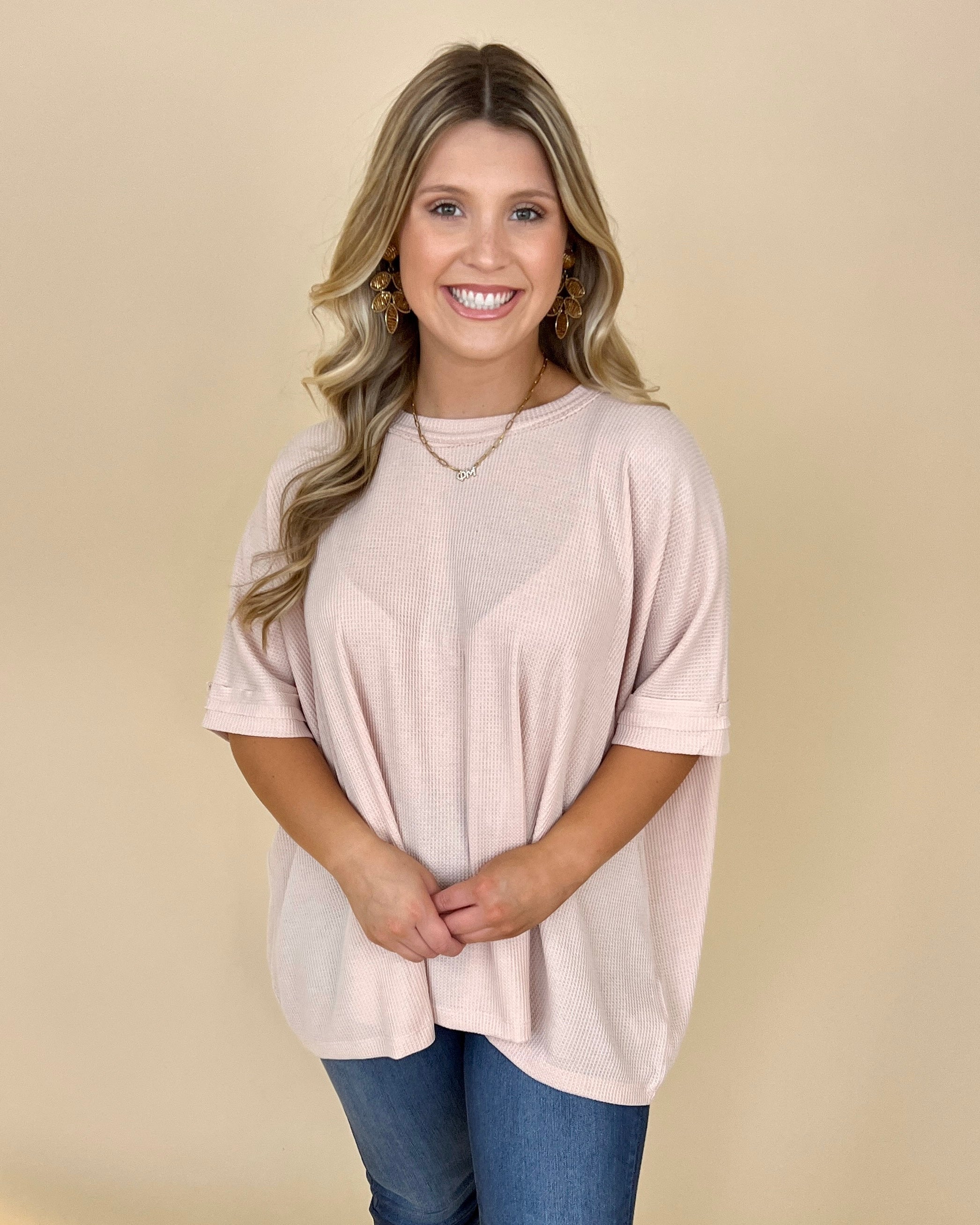 Find Myself Natural Waffle Texture Round Neck Top-Shop-Womens-Boutique-Clothing