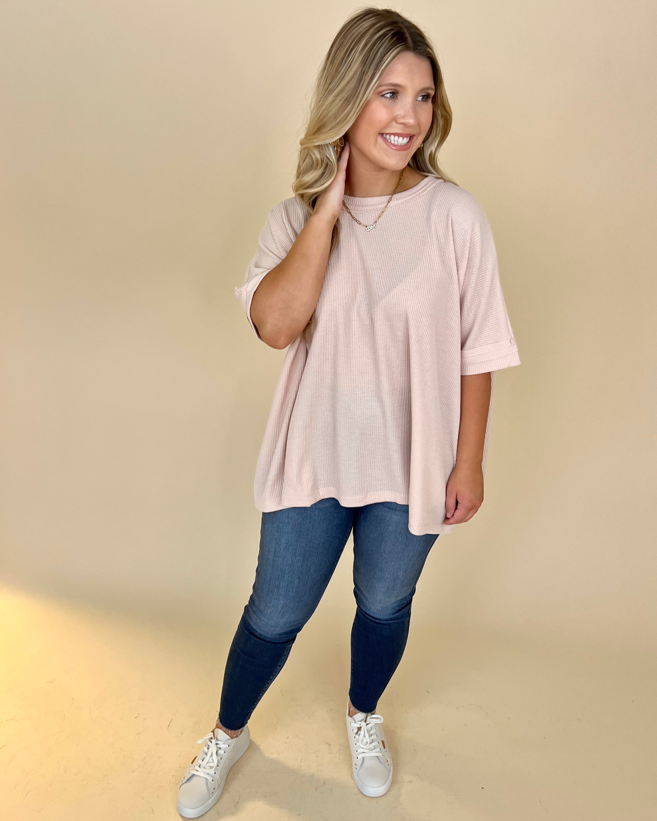 Find Myself Natural Waffle Texture Round Neck Top-Shop-Womens-Boutique-Clothing