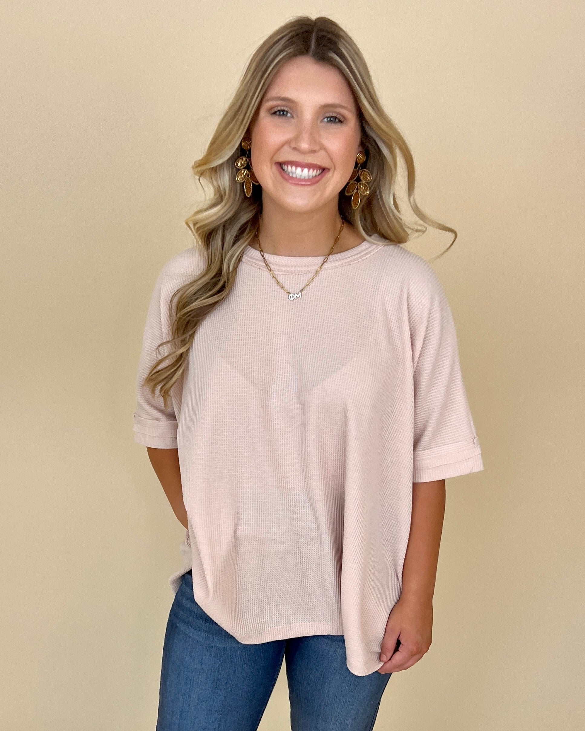 Find Myself Natural Waffle Texture Round Neck Top-Shop-Womens-Boutique-Clothing